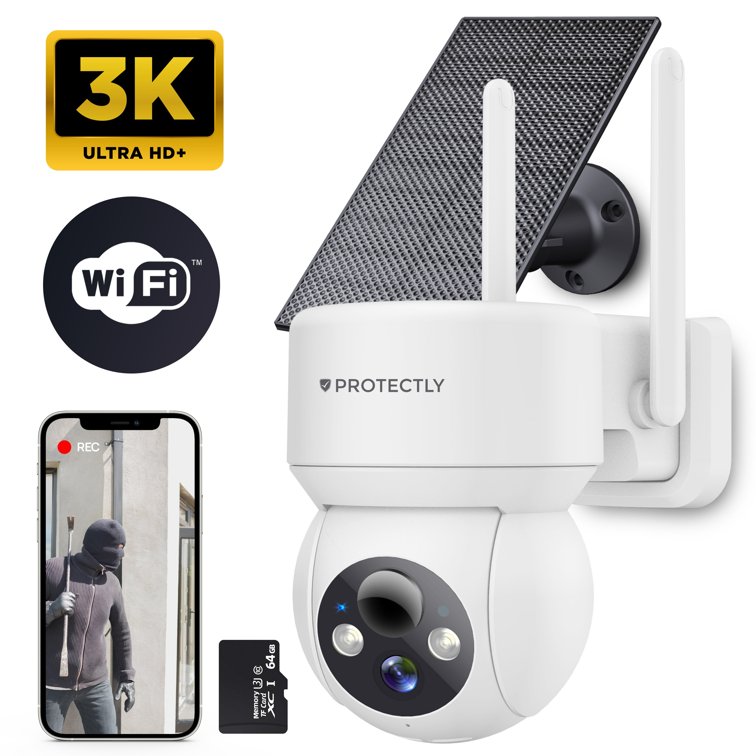 Witte beveiligingscamera met zonnepaneel, SD-kaart, telefoonopname en 3K-logo.