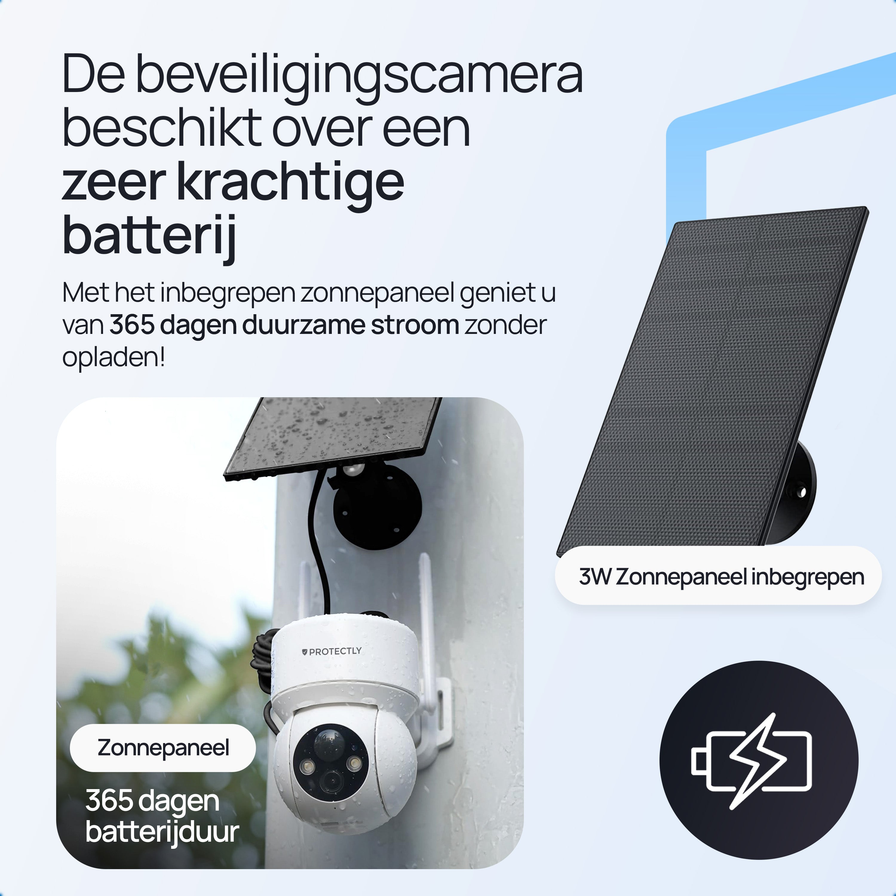 Beveiligingscamera met zonnepaneel en 365 dagen batterijduur.