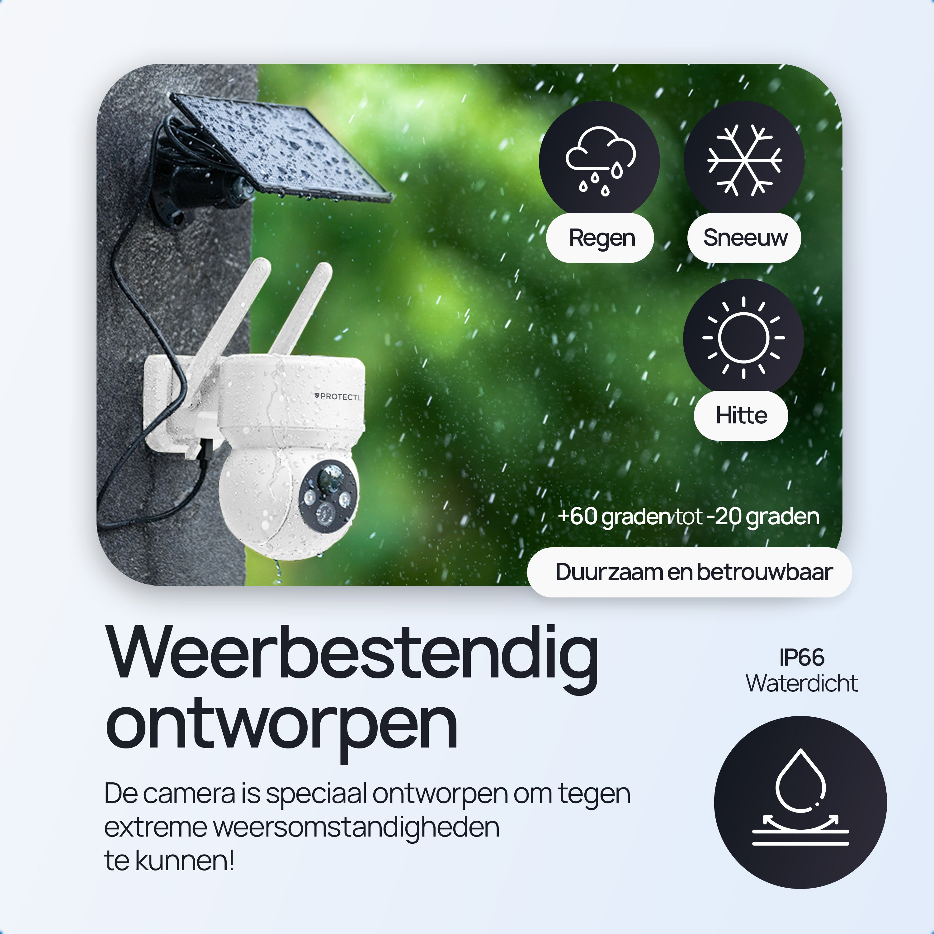 Een witte beveiligingscamera met zonnepaneel in de regen.