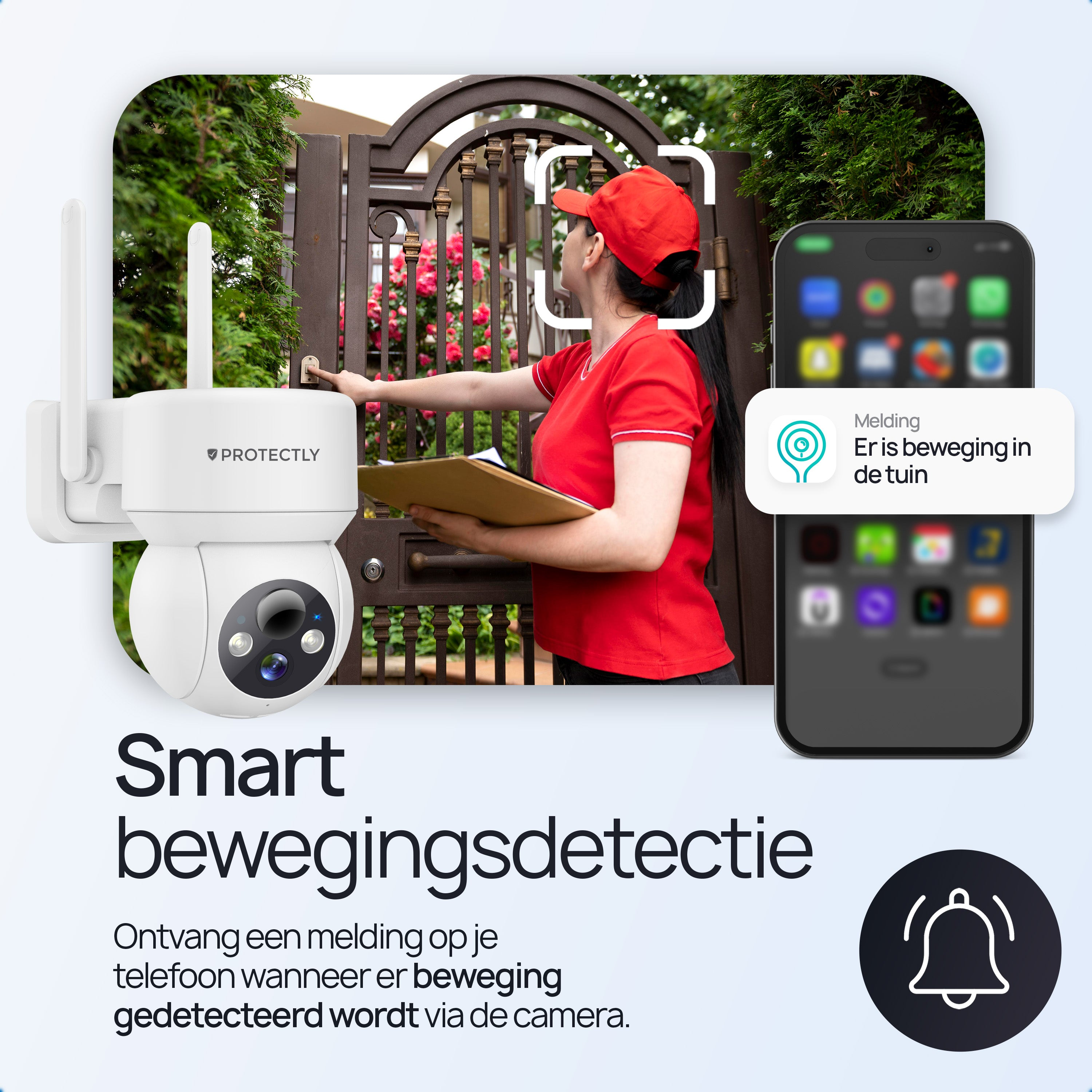 Een beveiligingscamera legt een persoon vast die aanbelt. Een melding op de telefoon.
