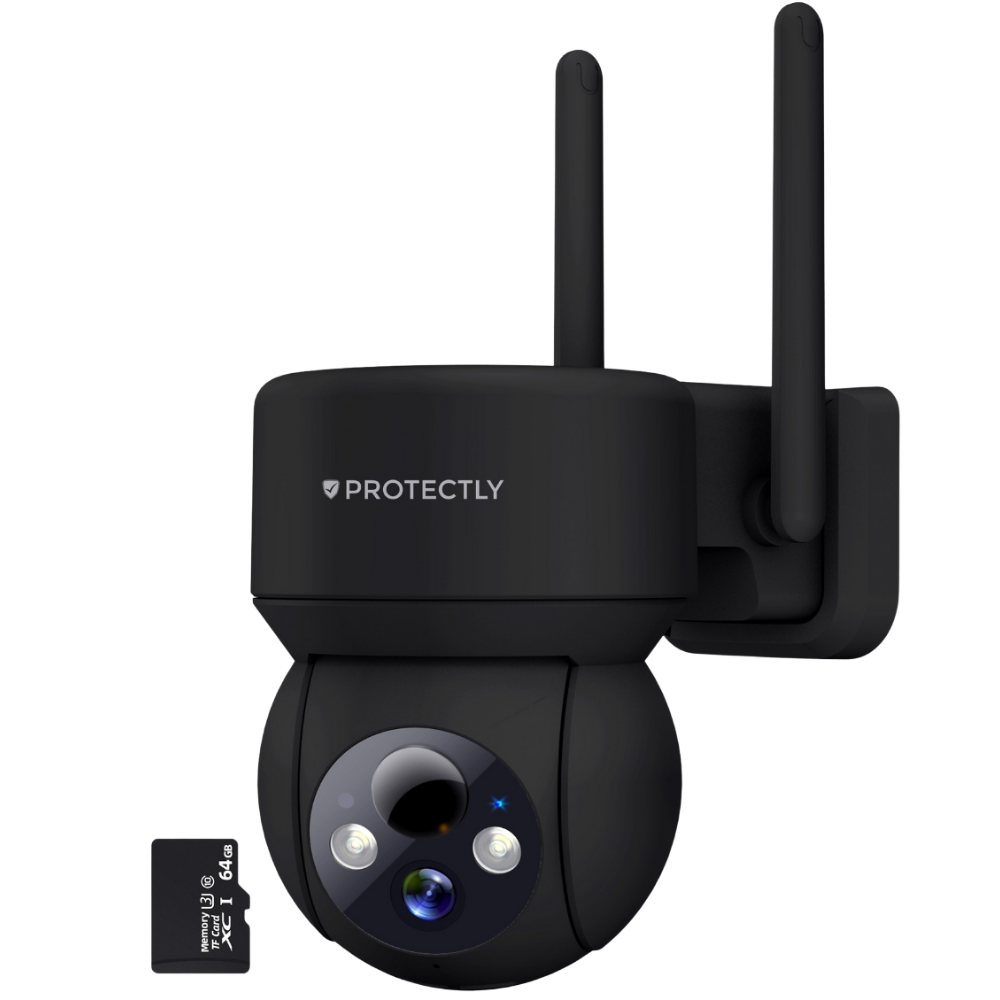 Een zwarte Protectly beveiligingscamera met twee antennes en een 64 GB geheugenkaart.