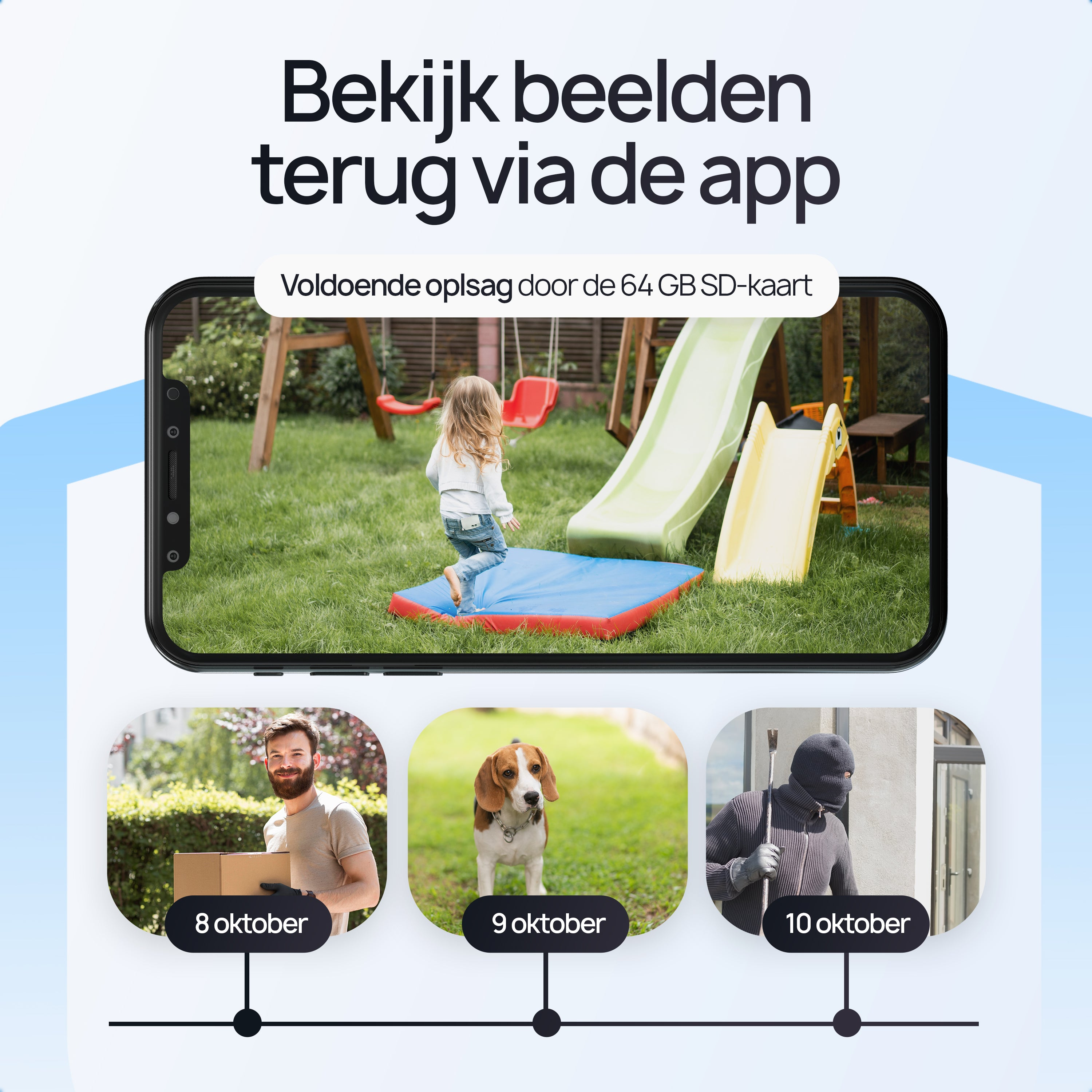 Een scène met een jongen op een speeltuin, een hond en een inbreker.
