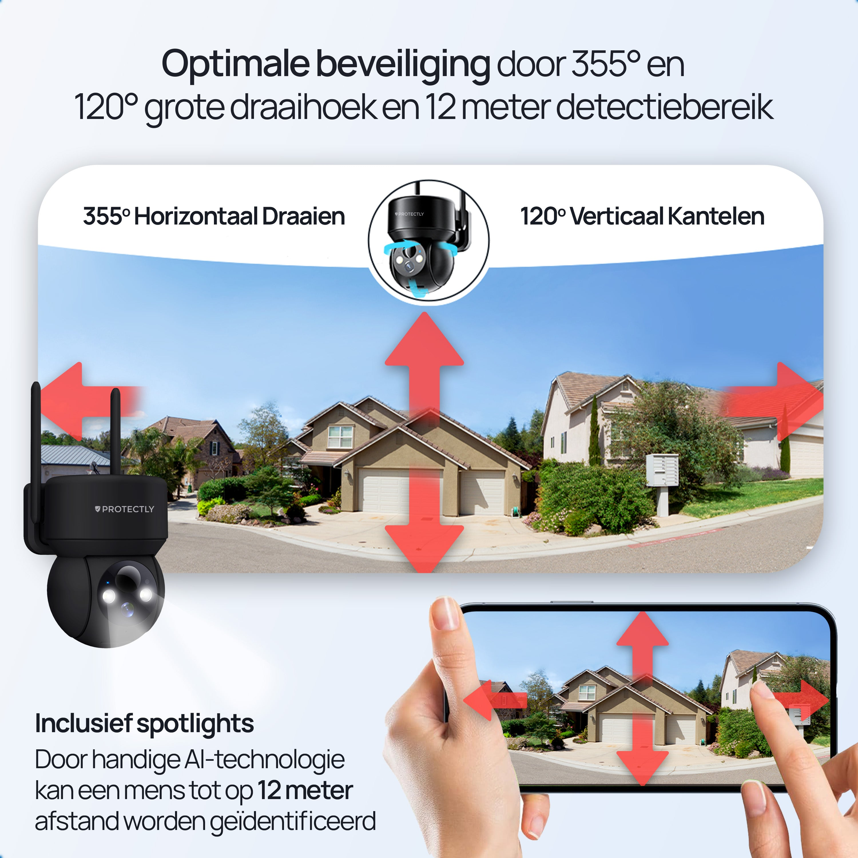 Beveiligingscamera met 355° horiz., 120° vert. kantelen, 12m bereik, met spots.