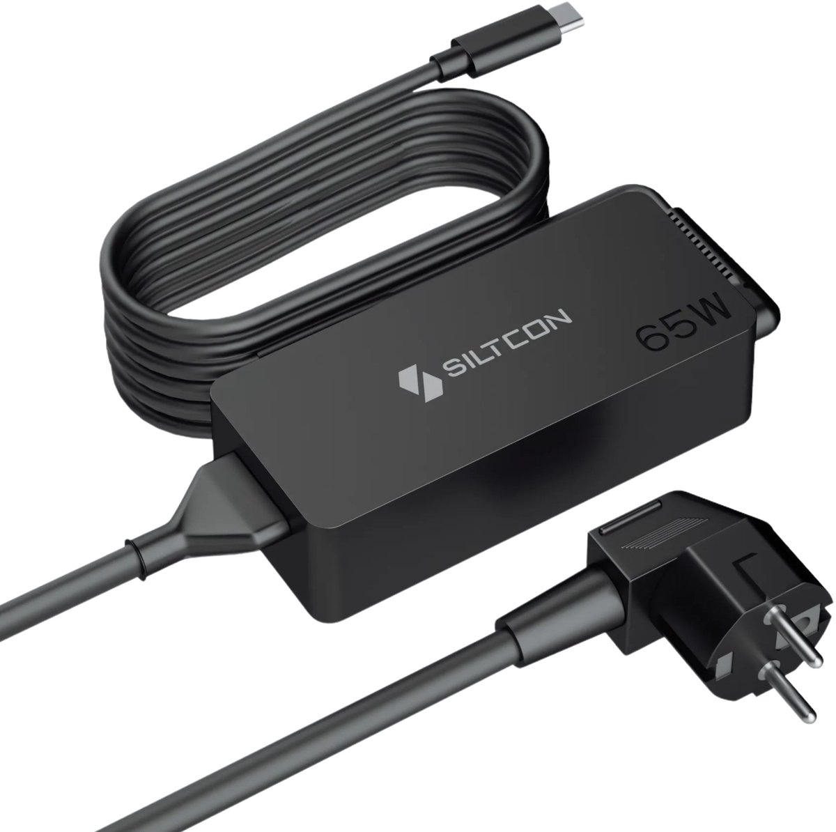 Zwarte 65W SILTCON stroomadapter met USB-C-kabel en haakse stekker.