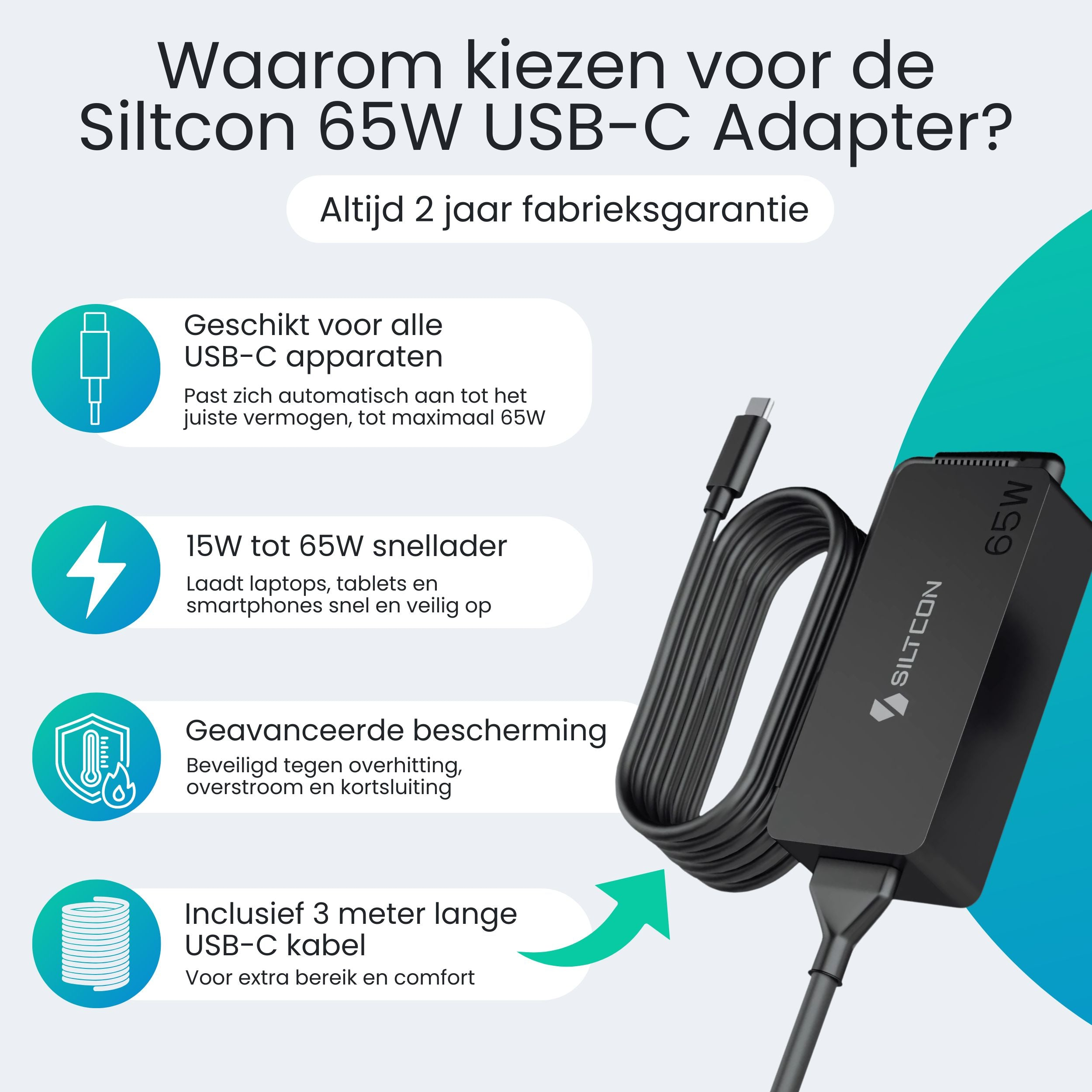 Een zwarte Siltcon 65W USB-C adapter met kabel en icoontjes.