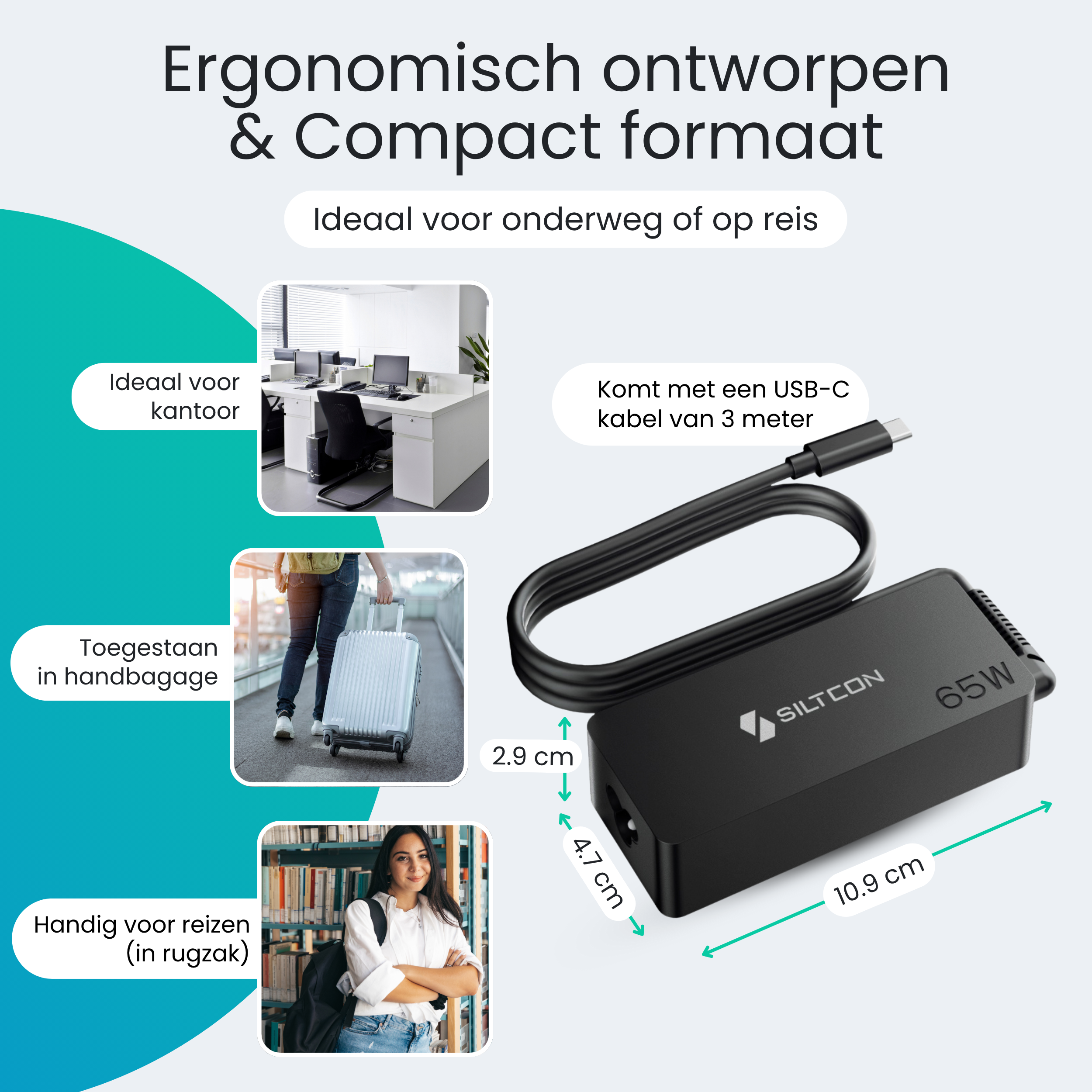 Zwarte 65W stroomadapter met USB-C kabel, afmetingen 10,9x4,7x2,9cm.