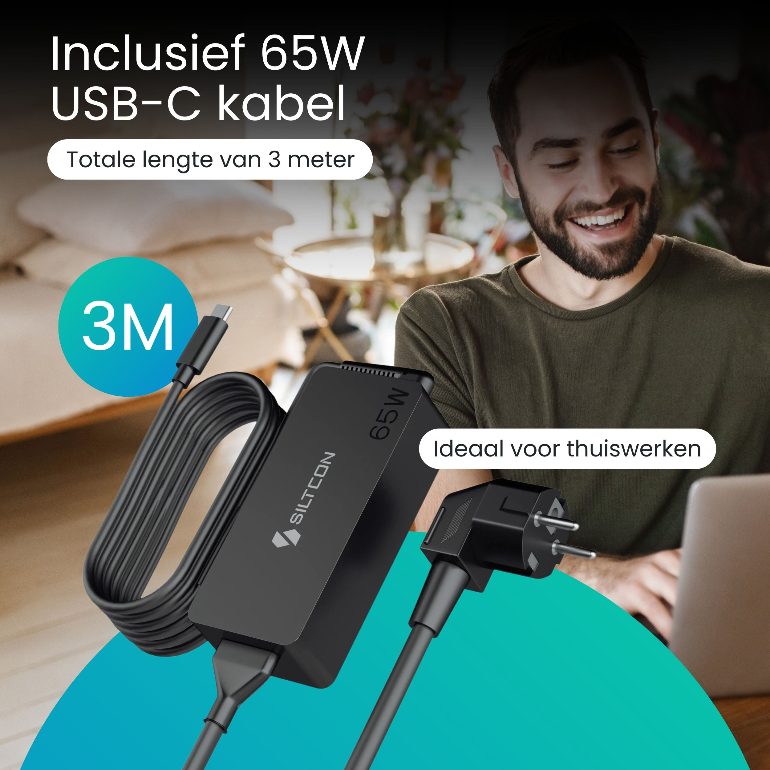 65W USB-C kabel, 3 meter lang, met stekker en laptop. Ideaal voor thuiswerken.