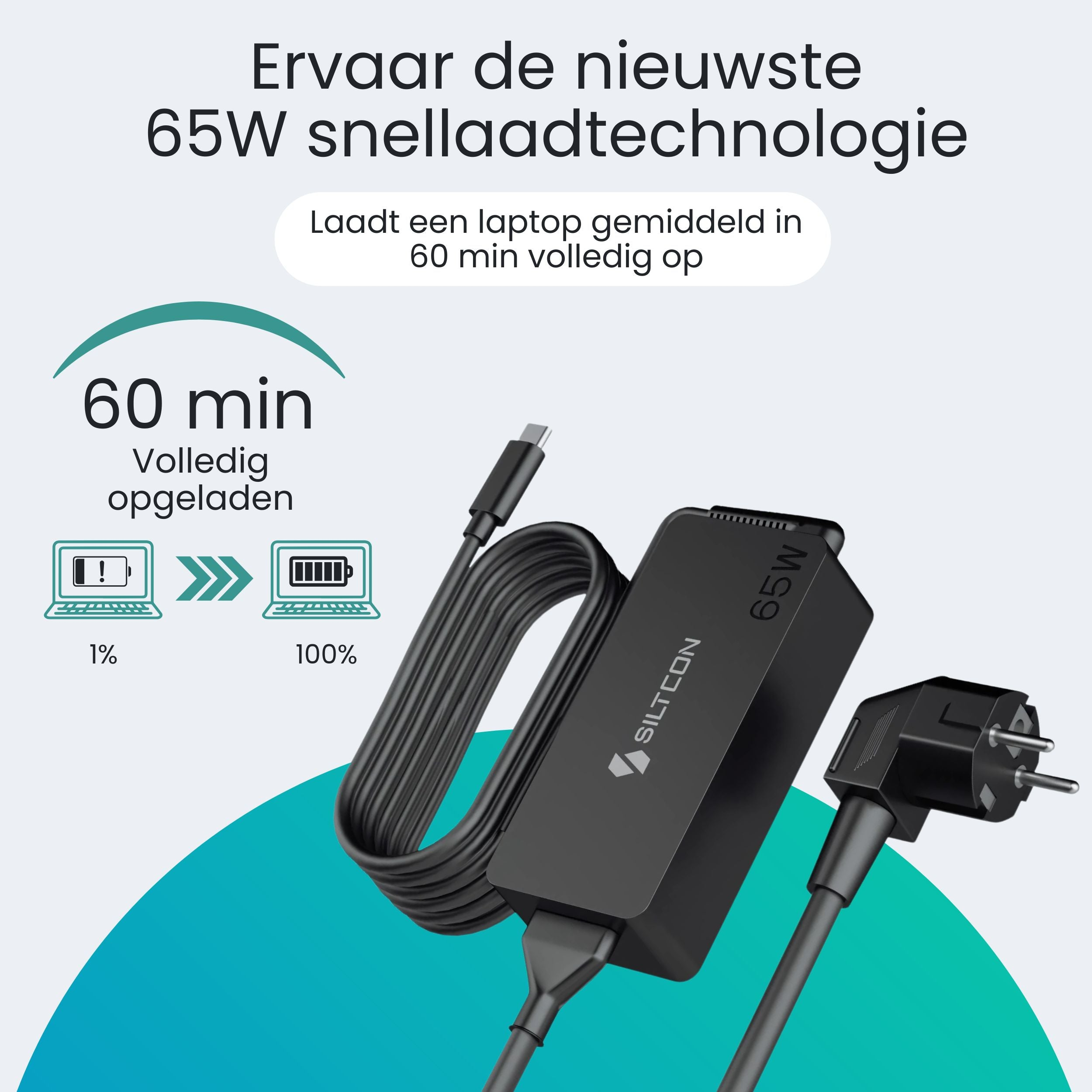 Zwarte 65W lader met kabel en stekker, laadt laptops snel op.