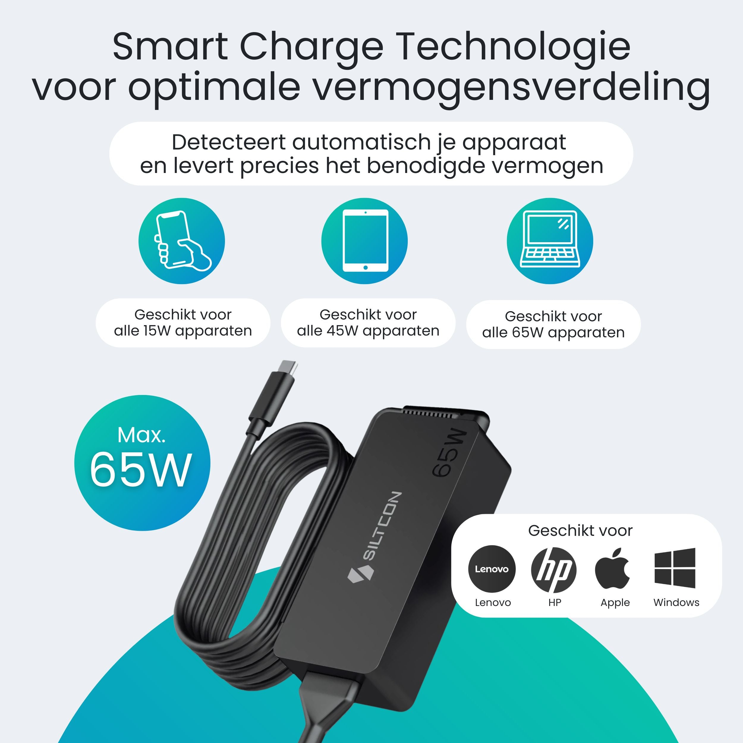 Een zwarte 65W stroomadapter, geschikt voor diverse apparaten.