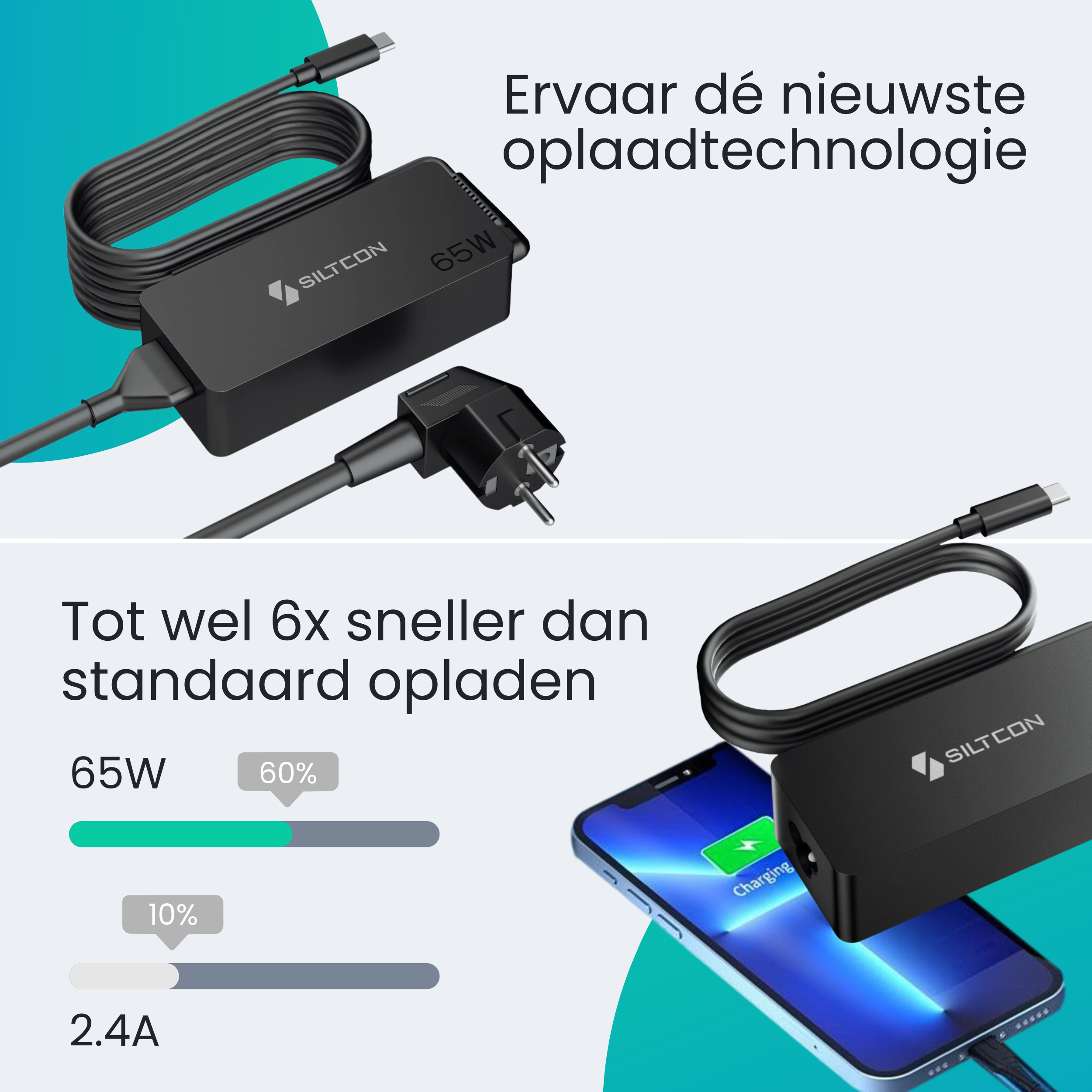 Een zwarte 65W SILTCON oplader met kabel en telefoon worden getoond.