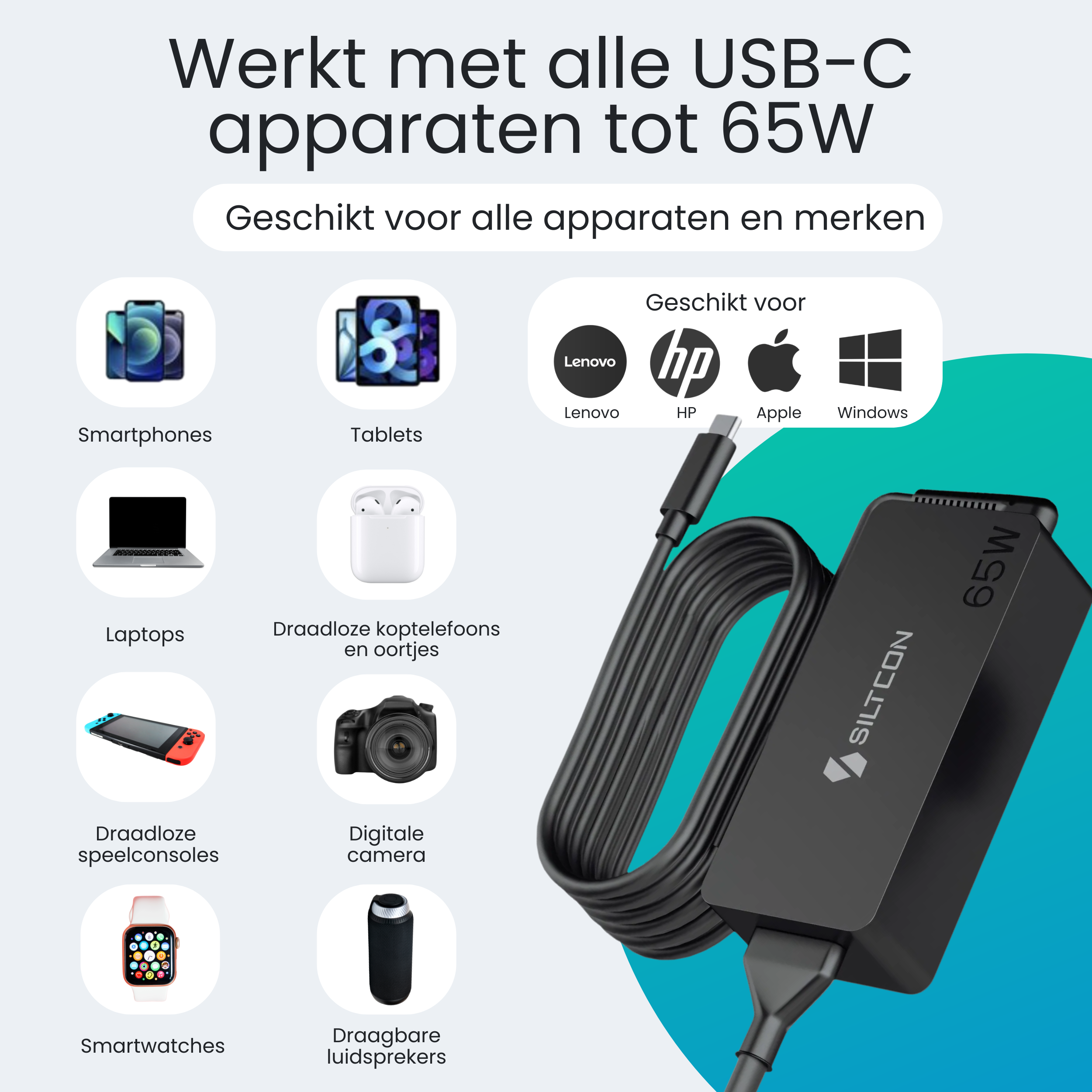 Een zwarte USB-C lader met kabel, compatibel met veel apparaten.