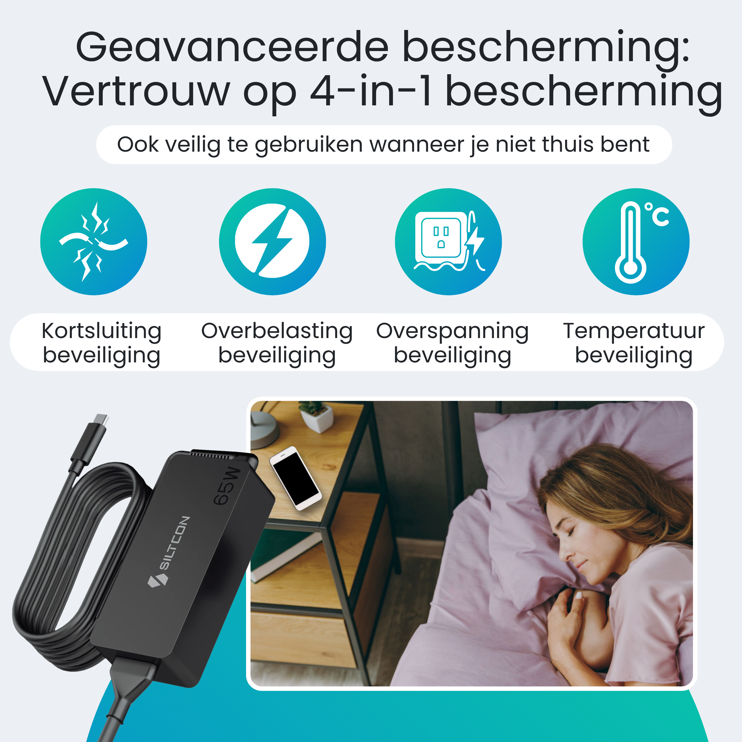 65W lader met 4-in-1 bescherming, naast een slapend meisje.