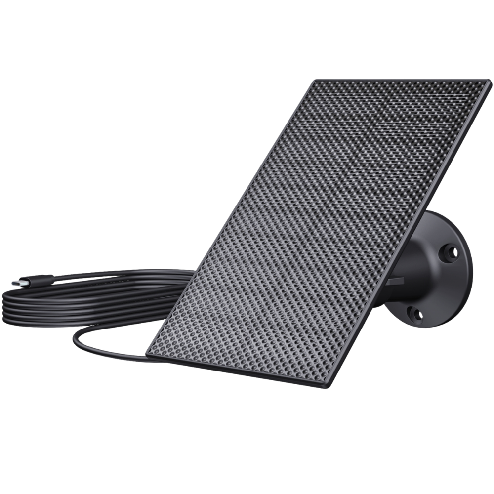 Zwart zonnepaneel met USB-C kabel en montagebeugel. Roosterpatroon op het oppervlak.