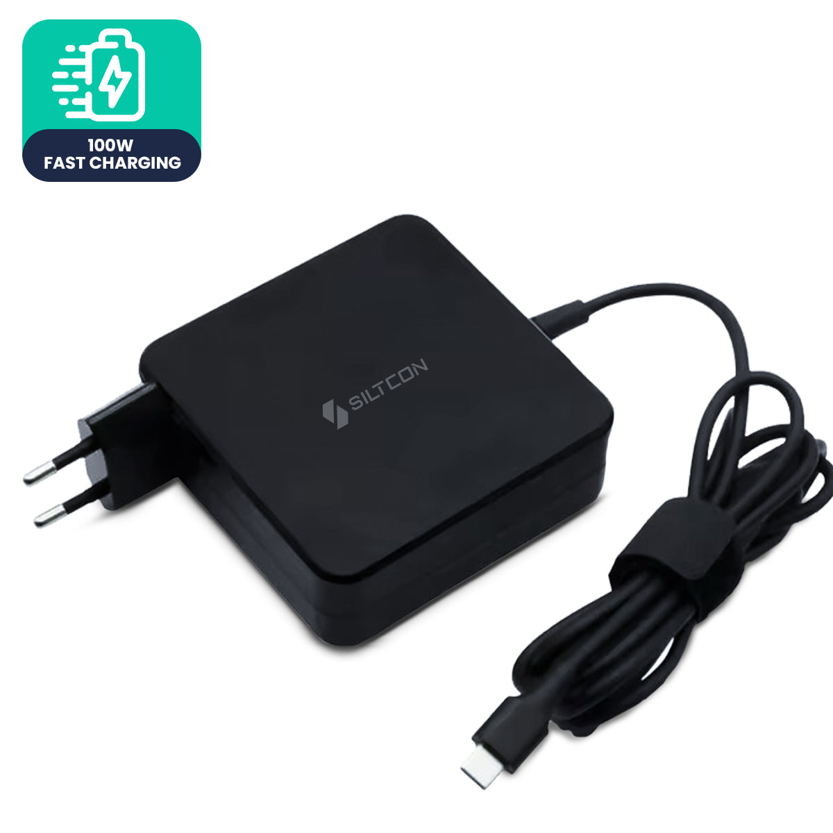 Zwarte 100W snellaadadapter met USB-C-kabel en EU-stekker.
