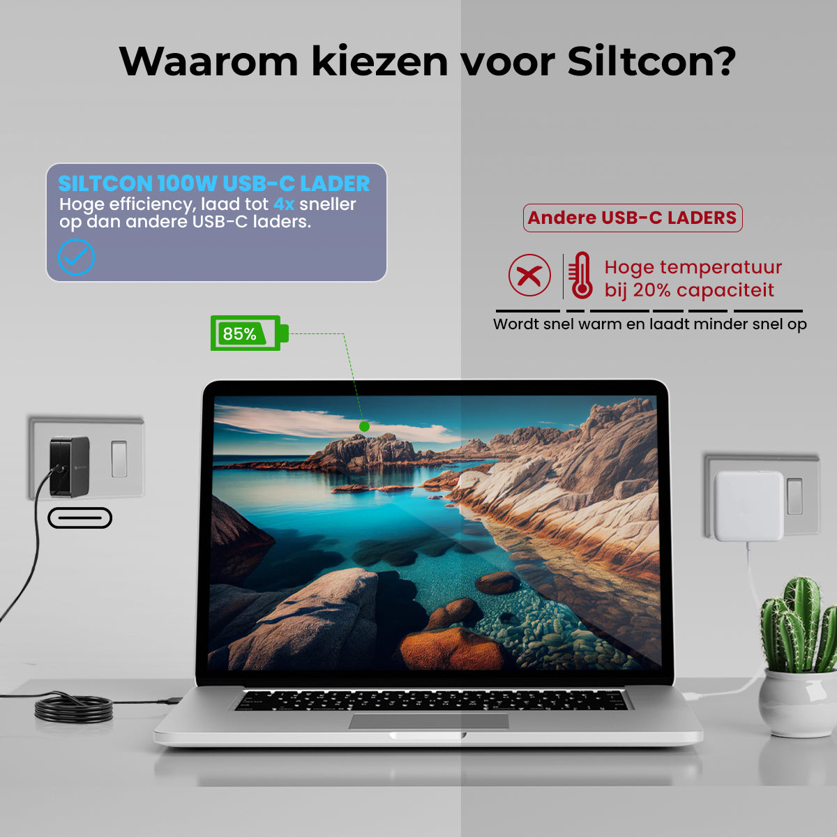 Laptop laadt op met Siltcon 100W USB-C lader. Andere laders langzaam.