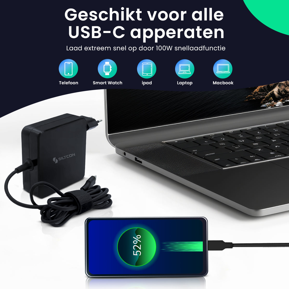 USB-C lader laadt laptop, telefoon, tablet en smartwatch met 100W.