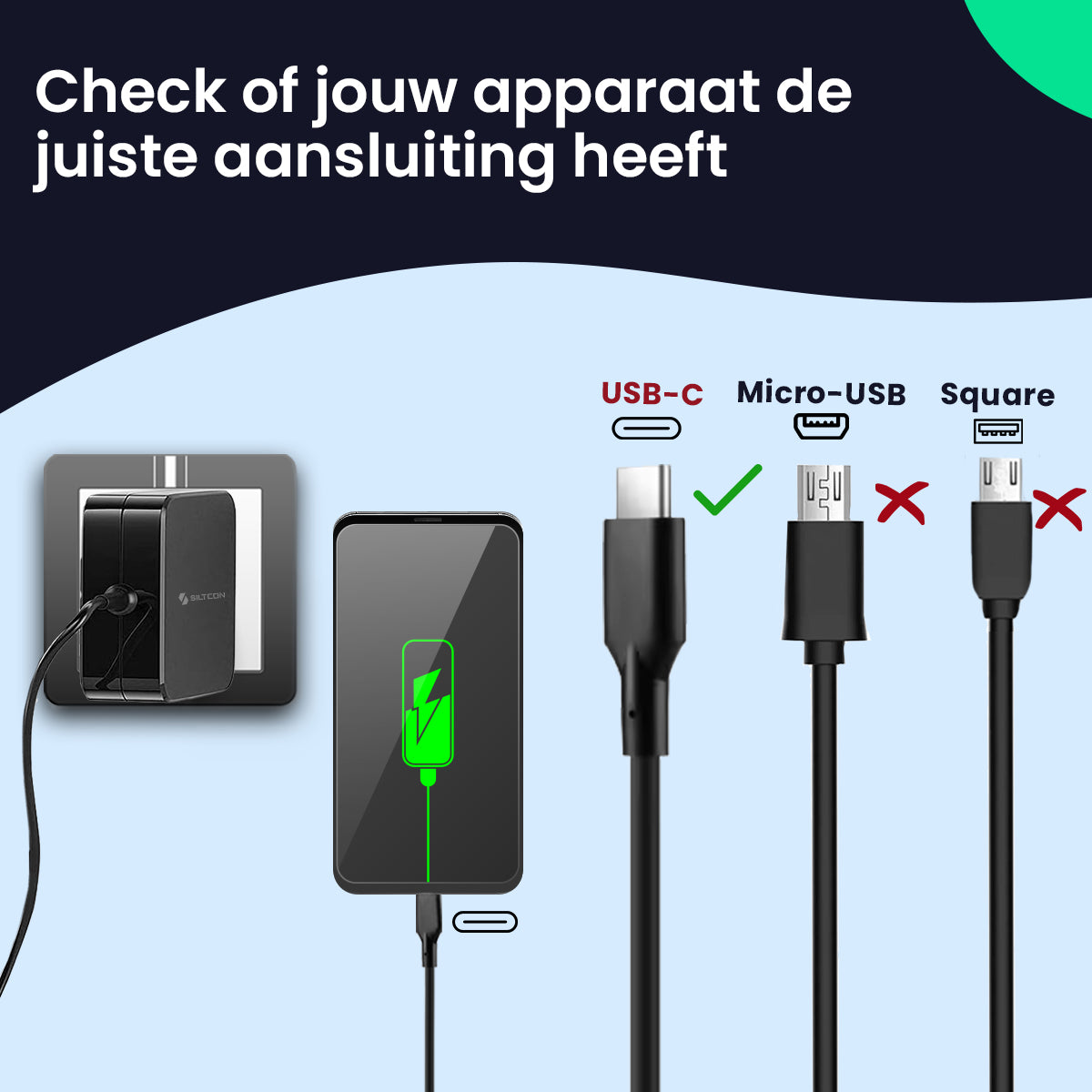 Stroomadapter met smartphone, USB-C kabel met vinkje, andere kabels met kruizen.