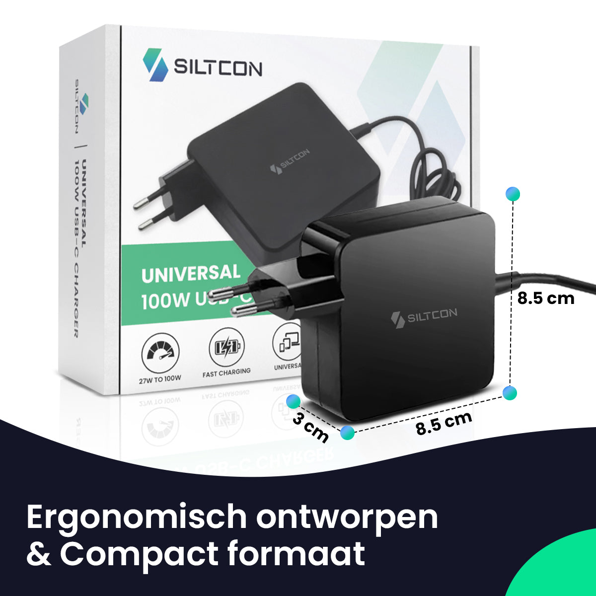 Een zwarte SILTCON 100W USB-C lader van 8,5 cm bij 8,5 cm en 3 cm diep.