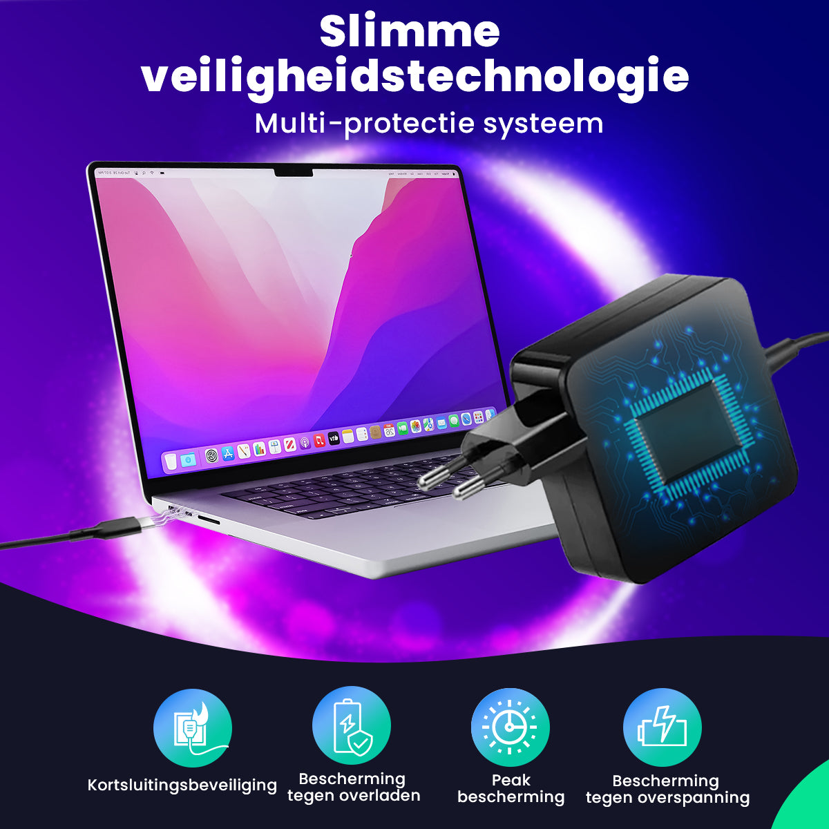Een laptop is verbonden met een zwarte stroomadapter met een gloeiend circuitpatroon.