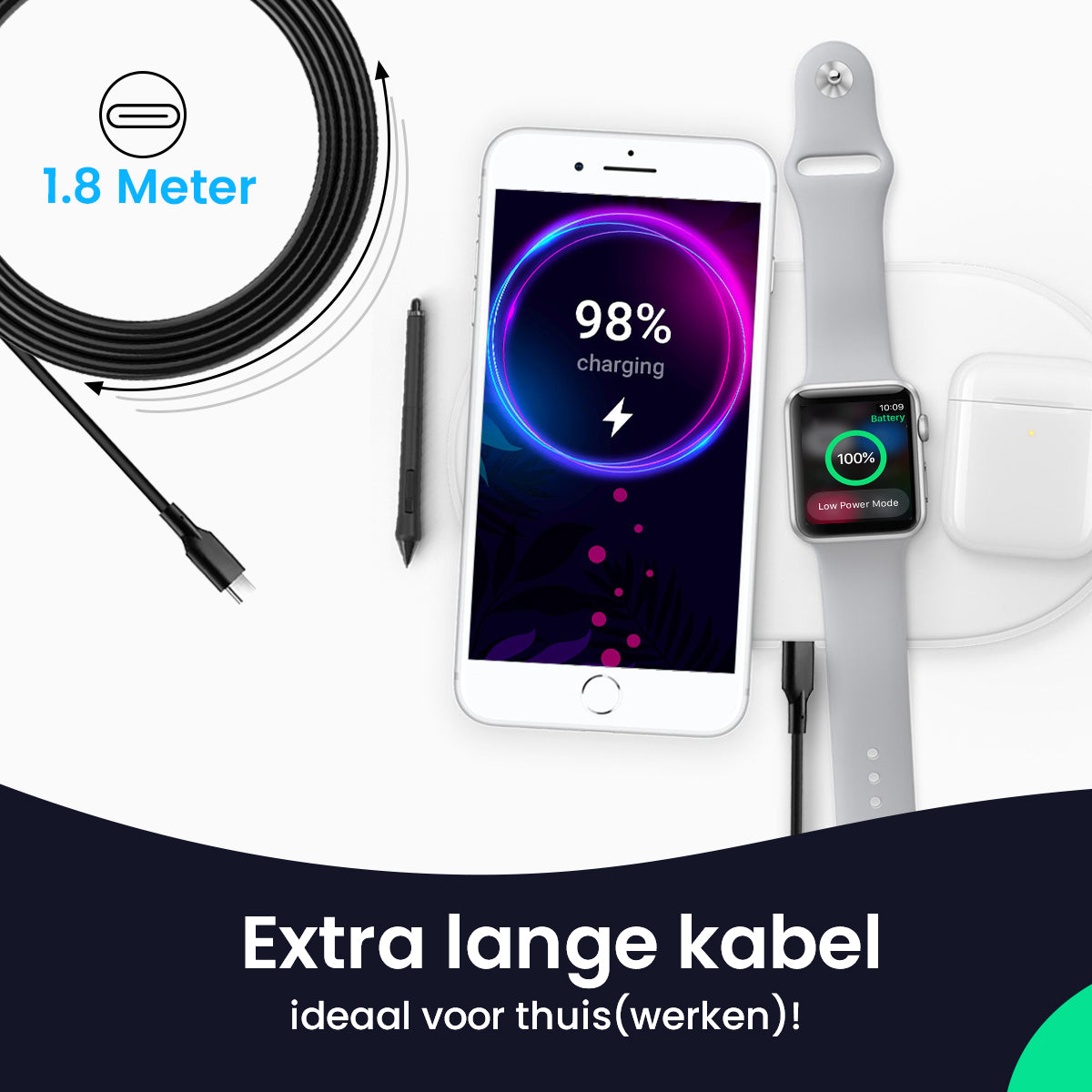 Een 1,8m USB-C kabel met telefoon opladend op 98%, horloge op 100% en oordopjes case.
