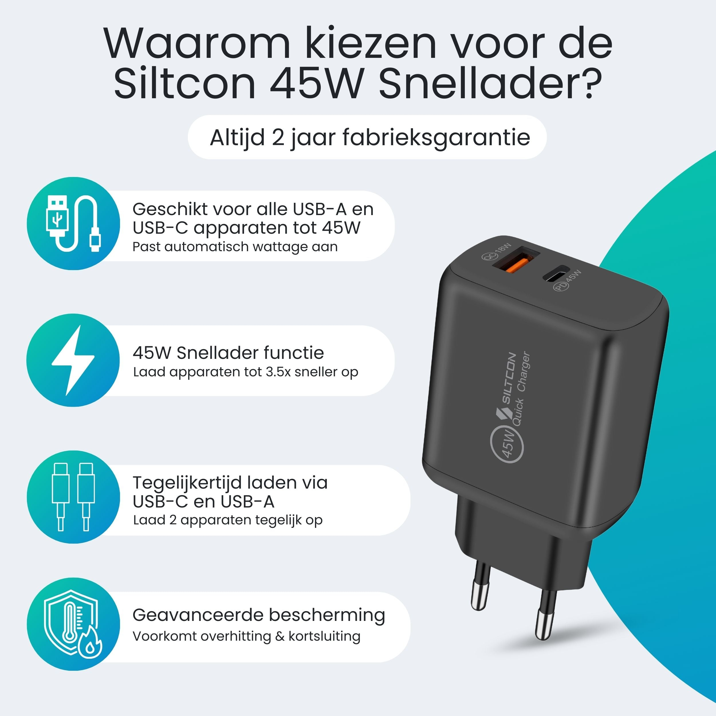 Zwarte 45W USB-oplader met twee poorten en functies.