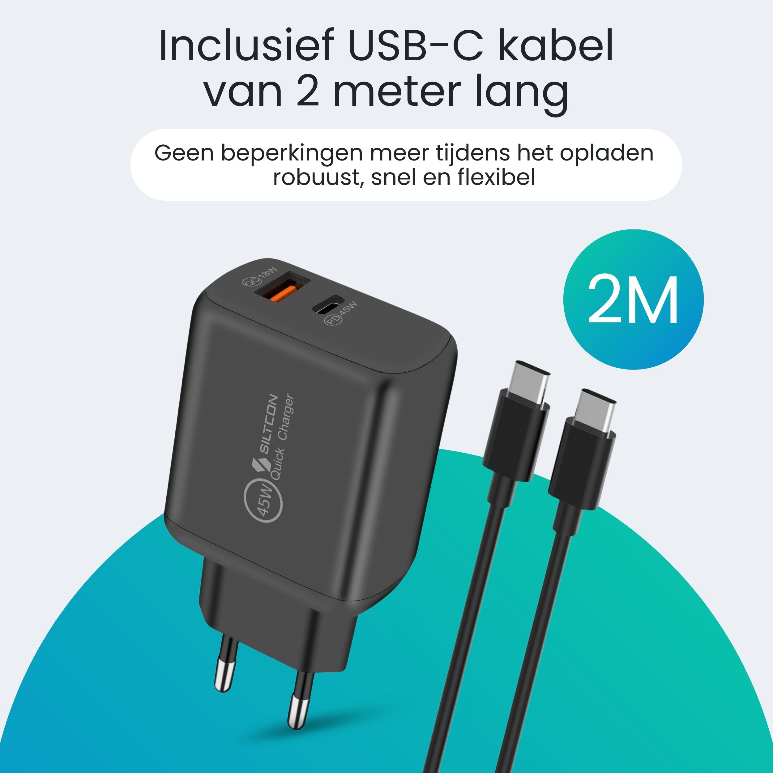 Zwarte USB-C lader met kabel en 2M-aanduiding.