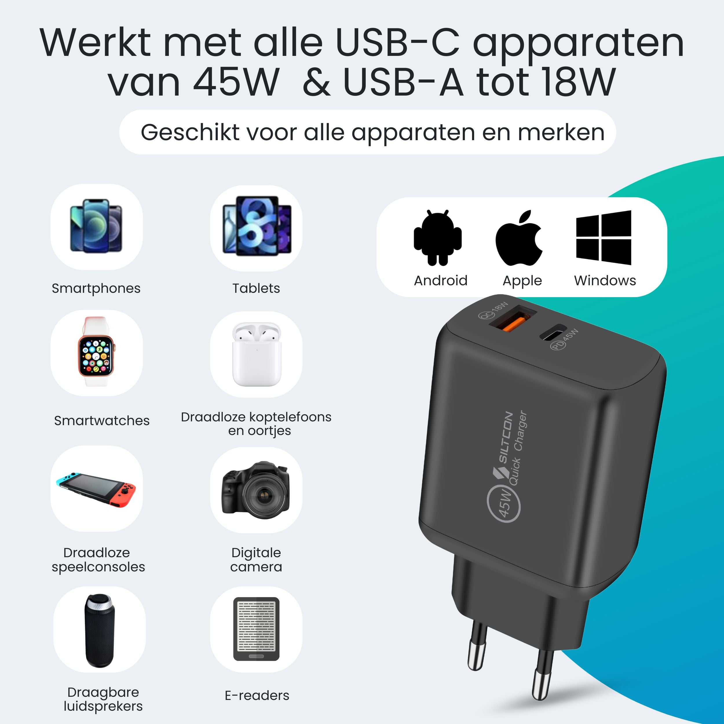Zwarte 45W USB-C oplader met poorten voor smartphones, tablets, smartwatches, koptelefoons, consoles, camera's, luidsprekers, e-readers.