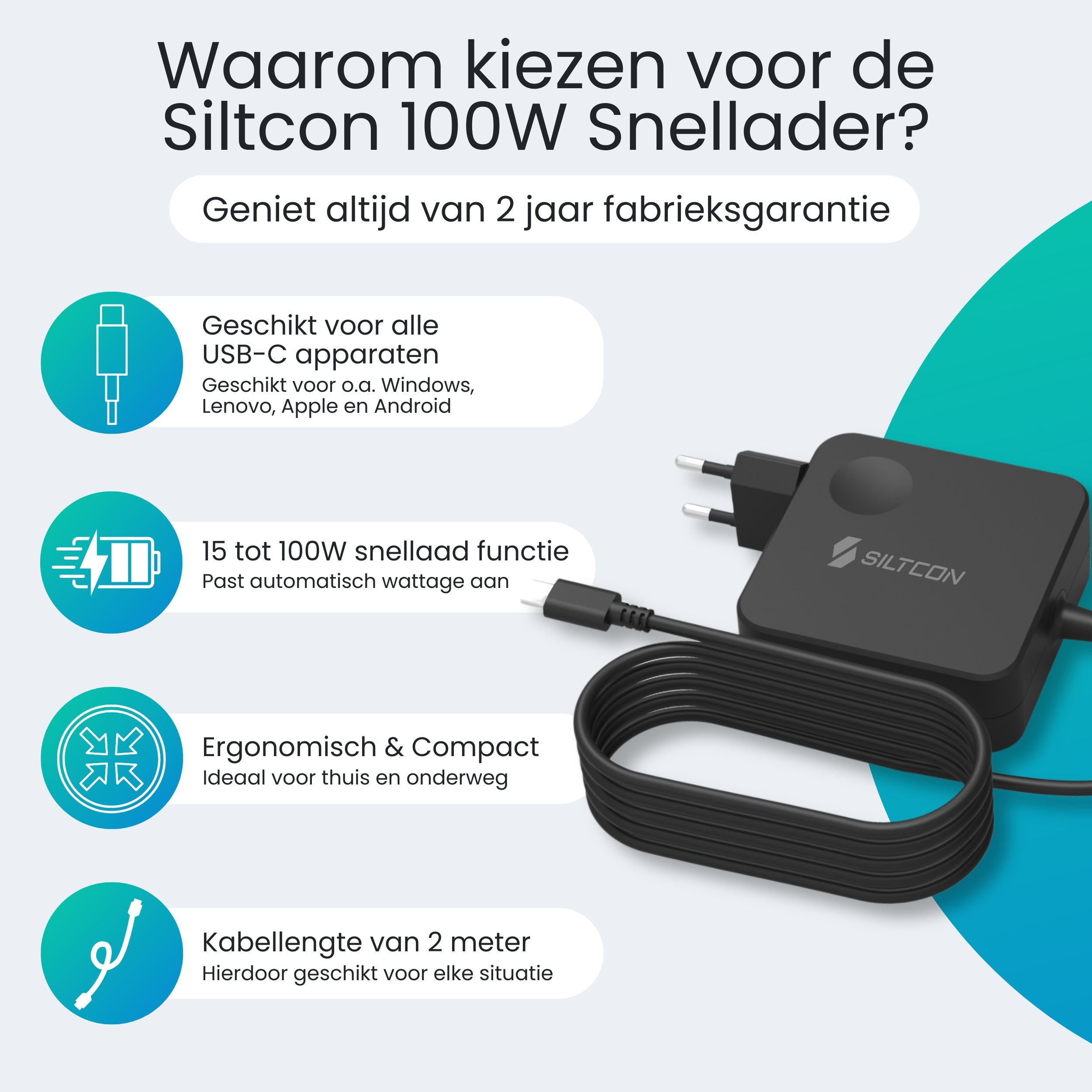 Siltcon 100W lader: USB-C, 15-100W, ergonomisch, 2m kabel.