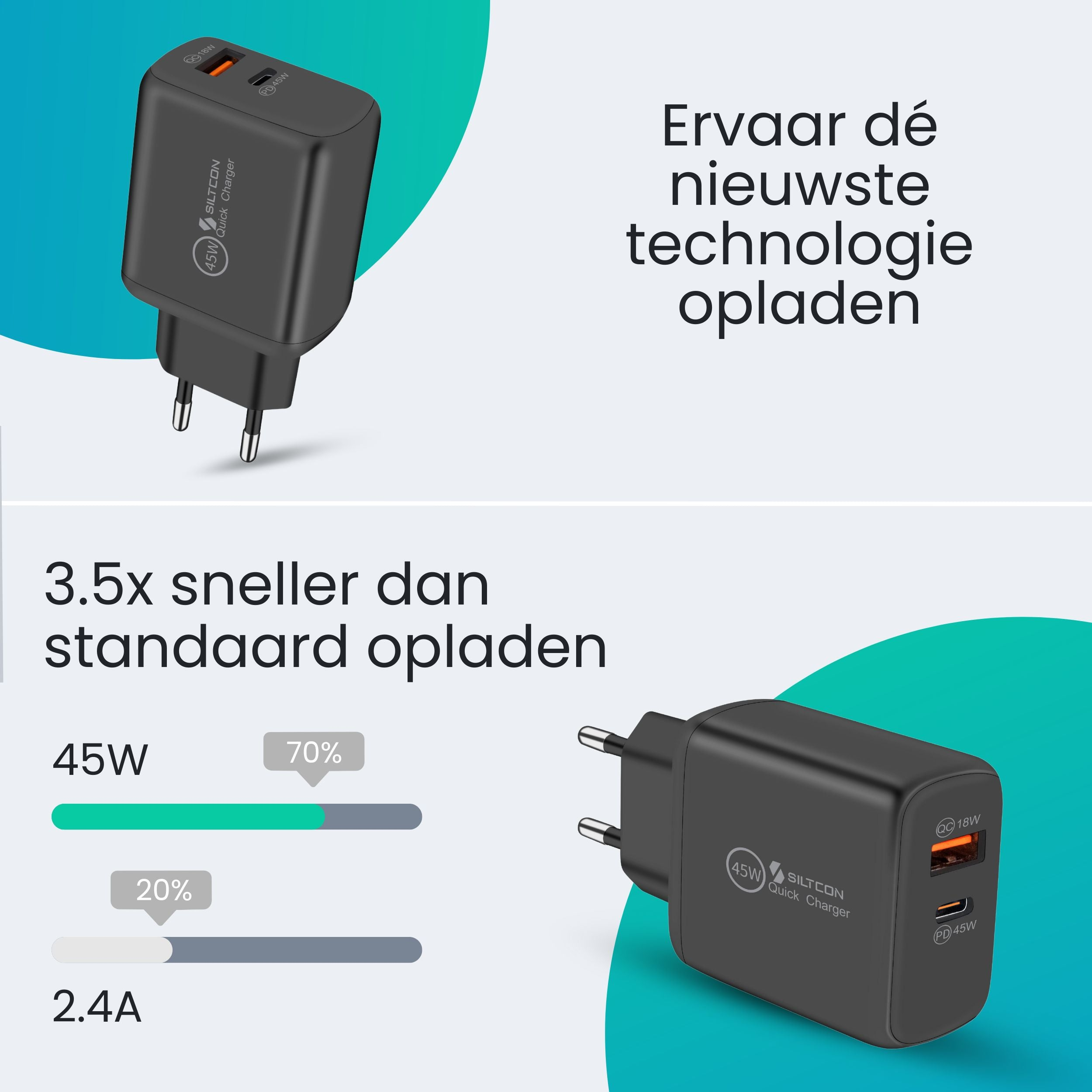 Een zwarte lader met twee poorten, 45W en 18W. Laadbalken staan ernaast.