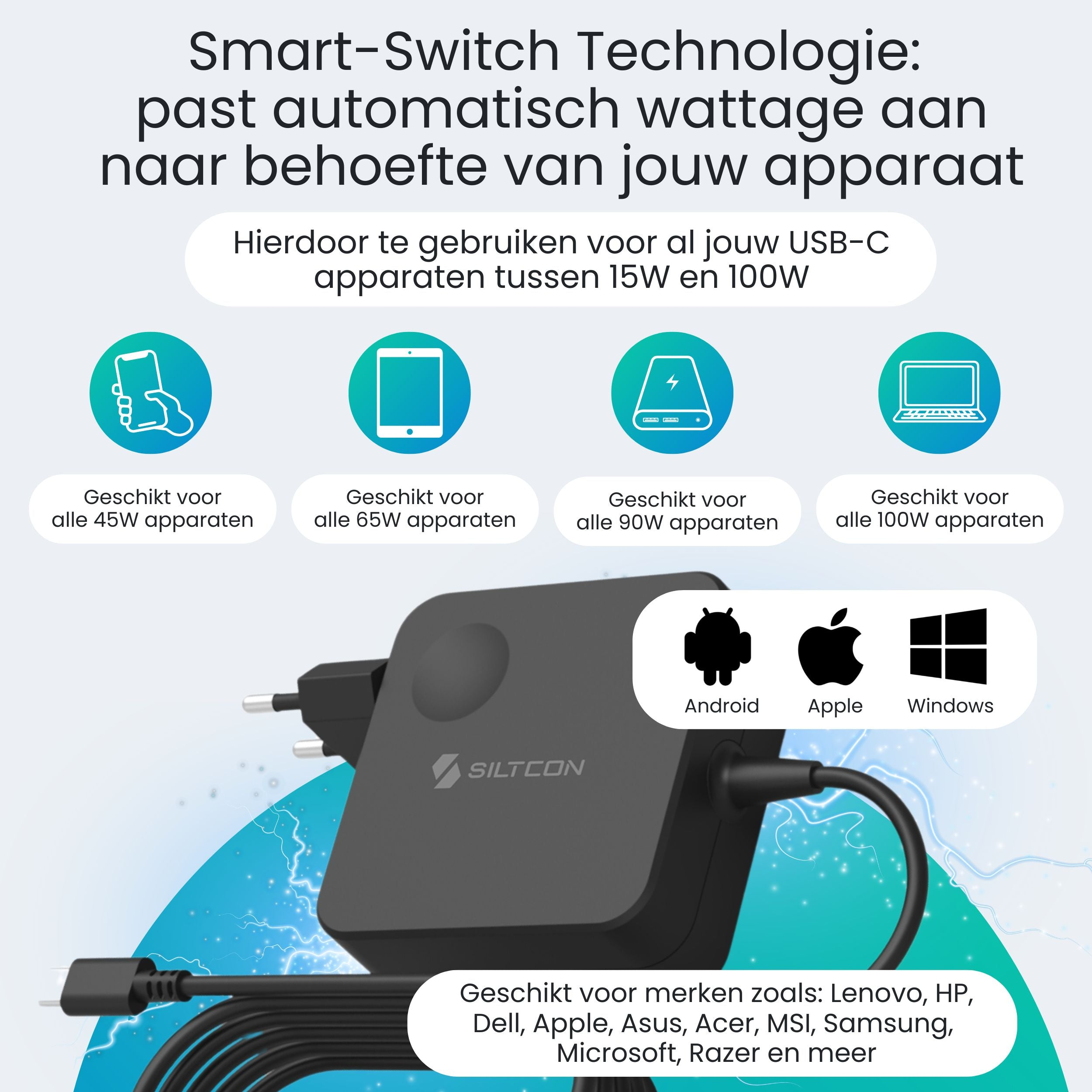 Een zwarte USB-C lader met apparaat-iconen en wattages.