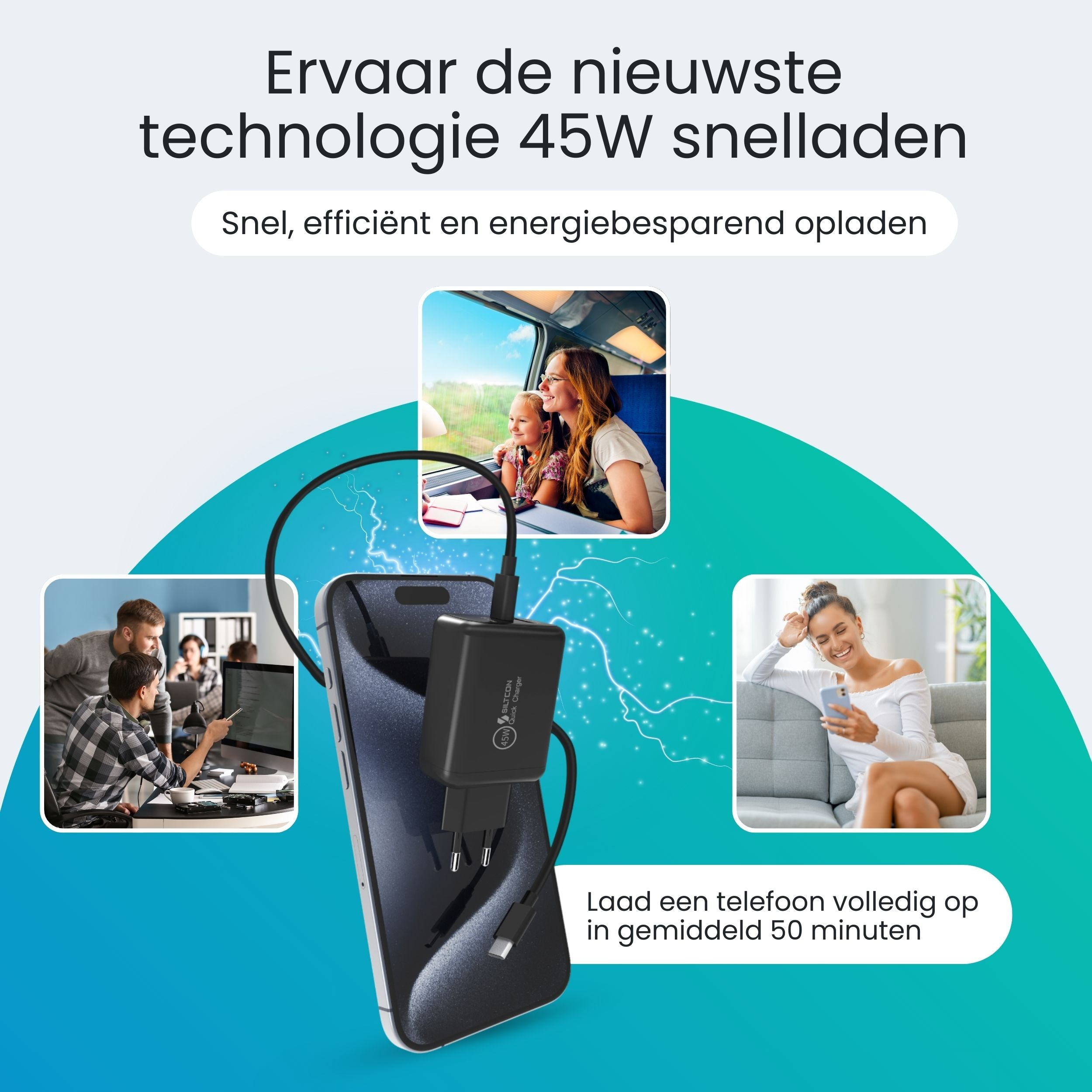 Een smartphone wordt opgeladen met een 45W snellader.