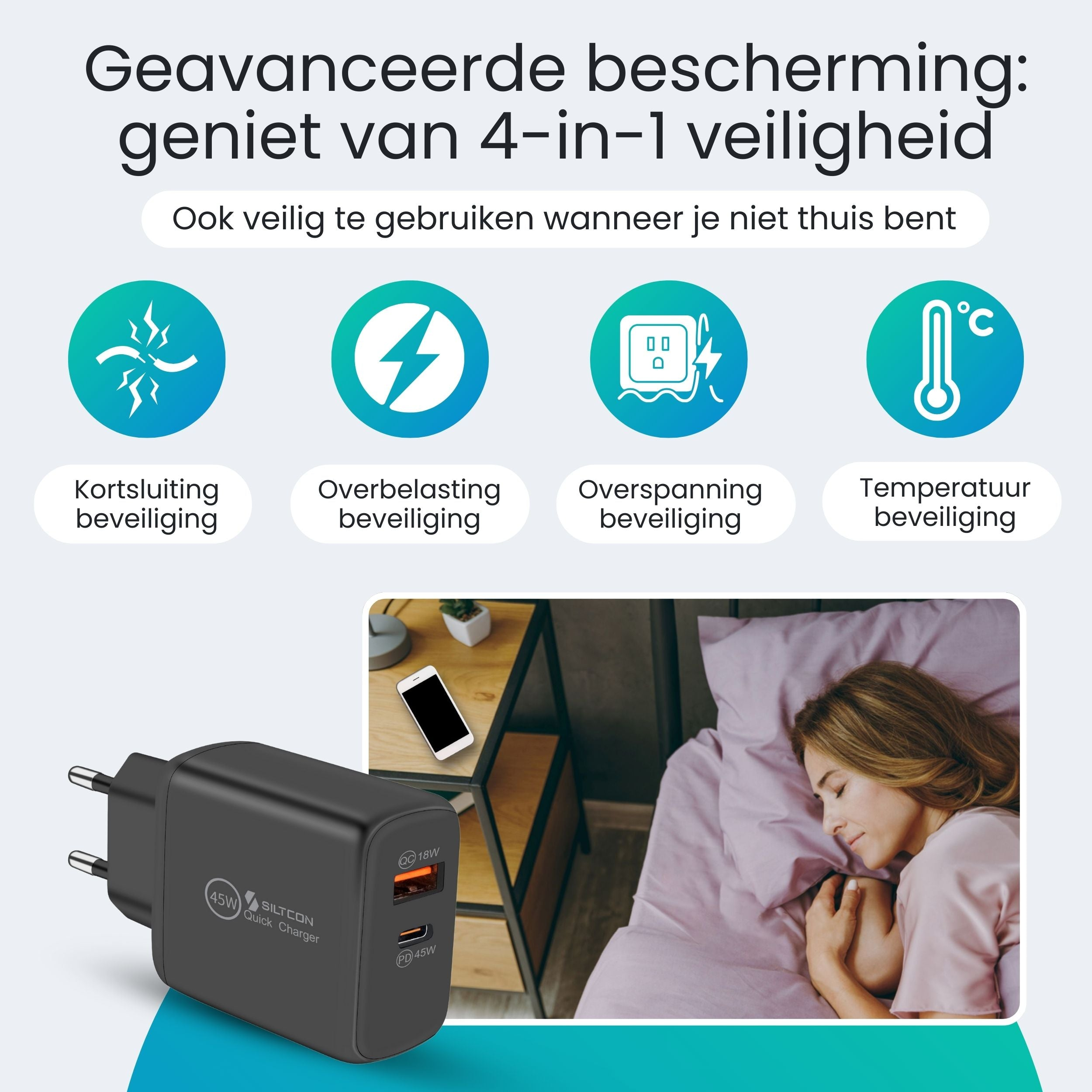 Een zwarte oplader met 4 veiligheidsfuncties naast een slapende vrouw.