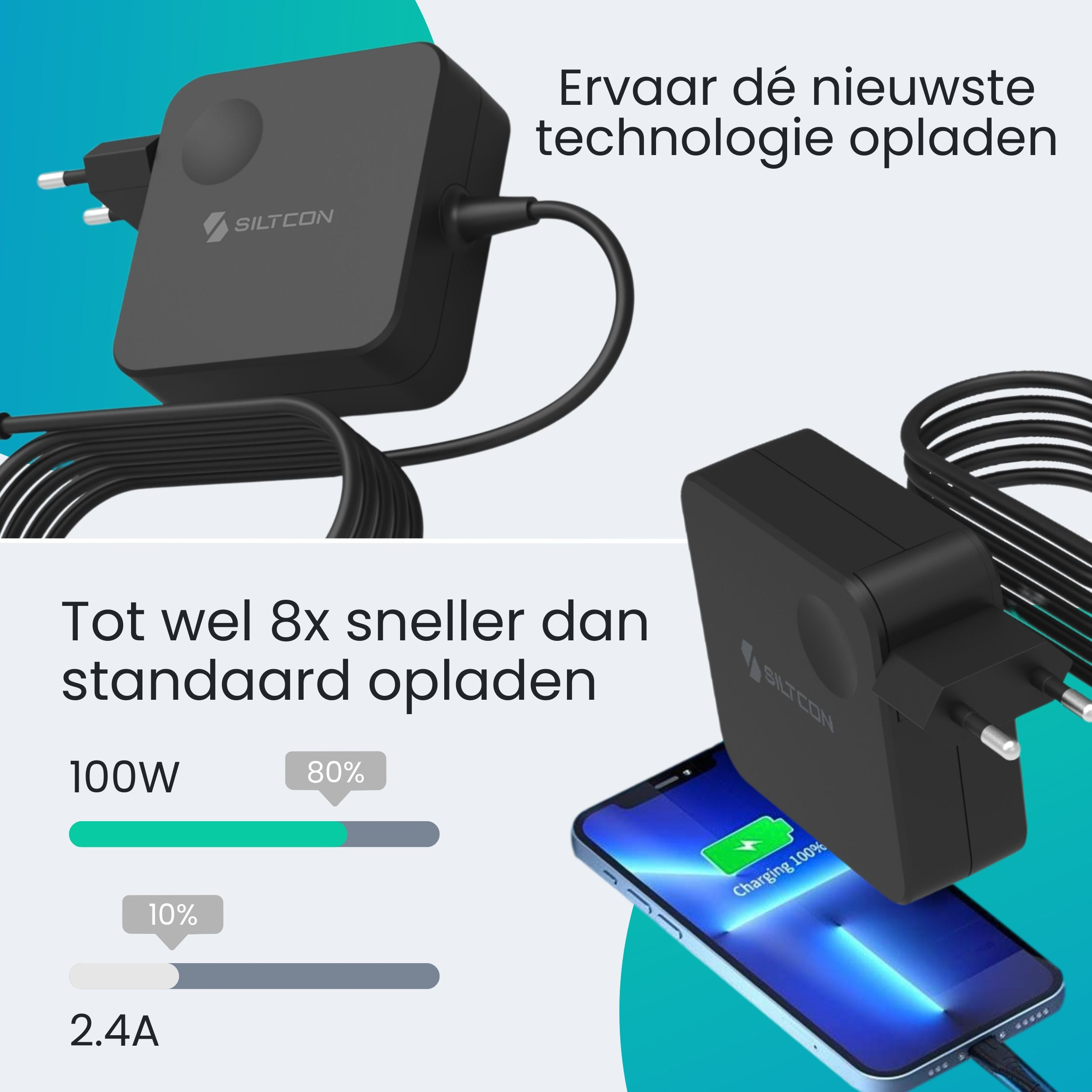 Een zwarte Siltcon oplader wordt getoond, met een telefoon die 100% oplaadt.