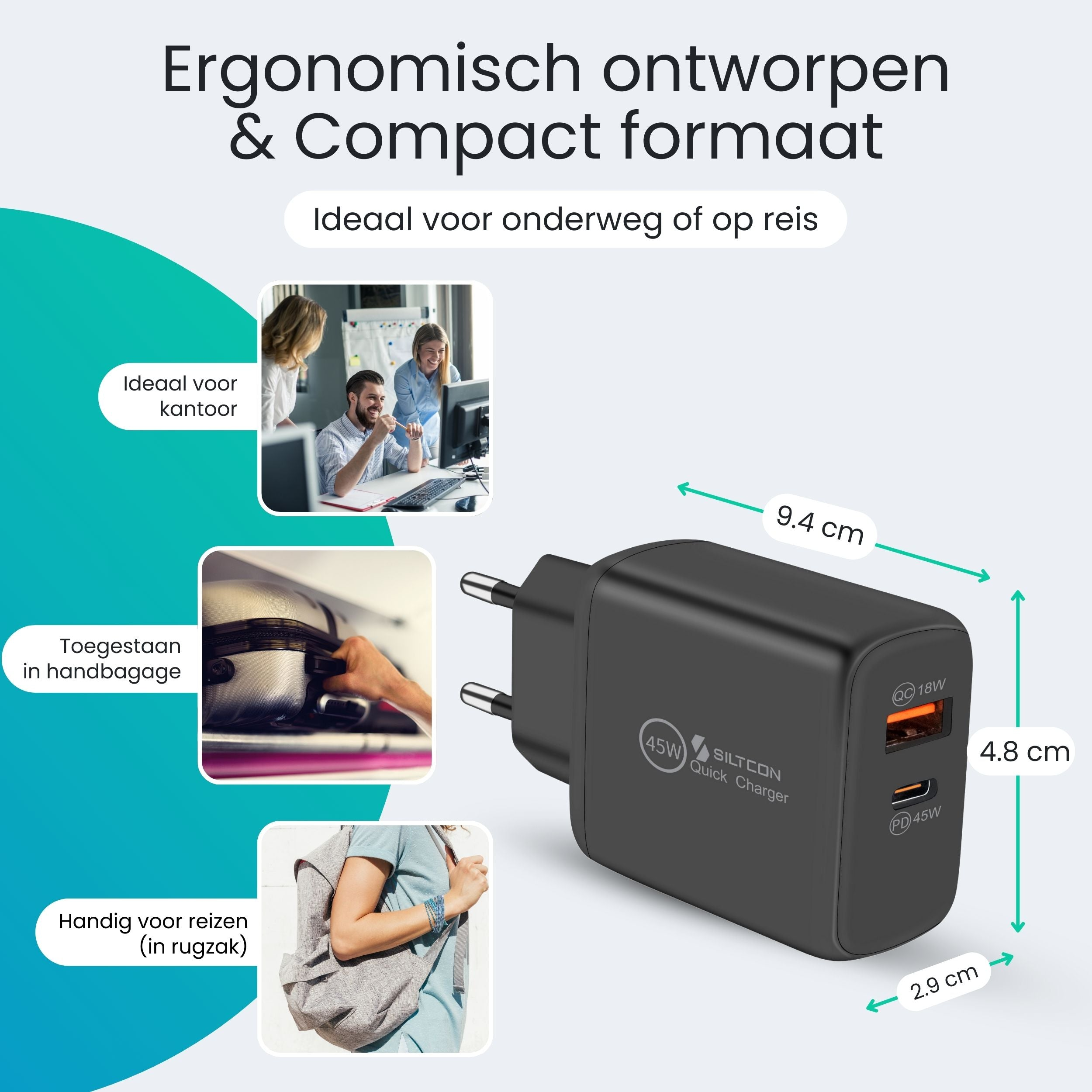 Zwarte lader, 9.4x4.8x2.9cm. Ideaal voor kantoor, handbagage en reizen.
