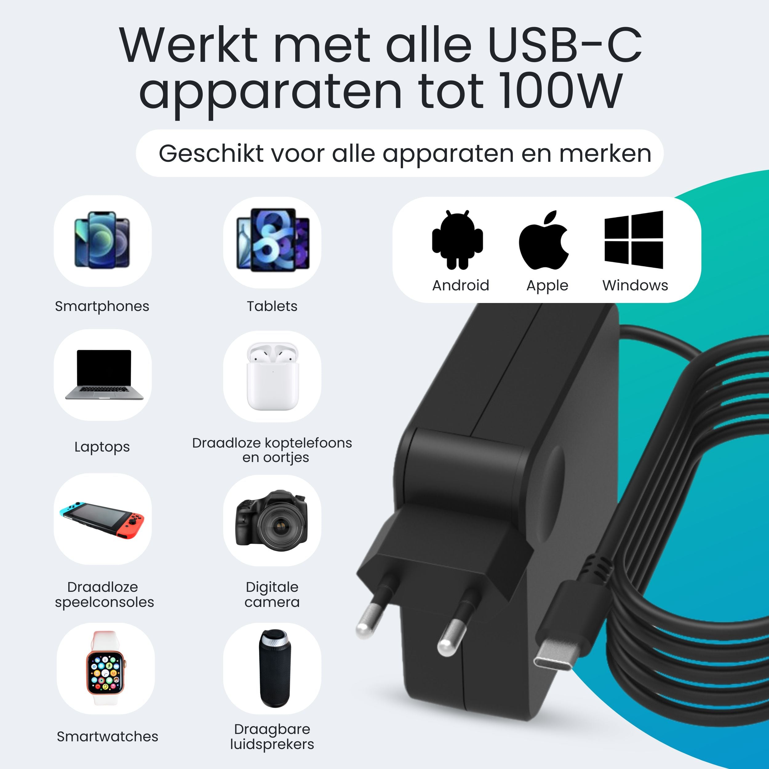 Een zwarte USB-C oplader met kabel en iconen voor smartphones, tablets, laptops, camera's.