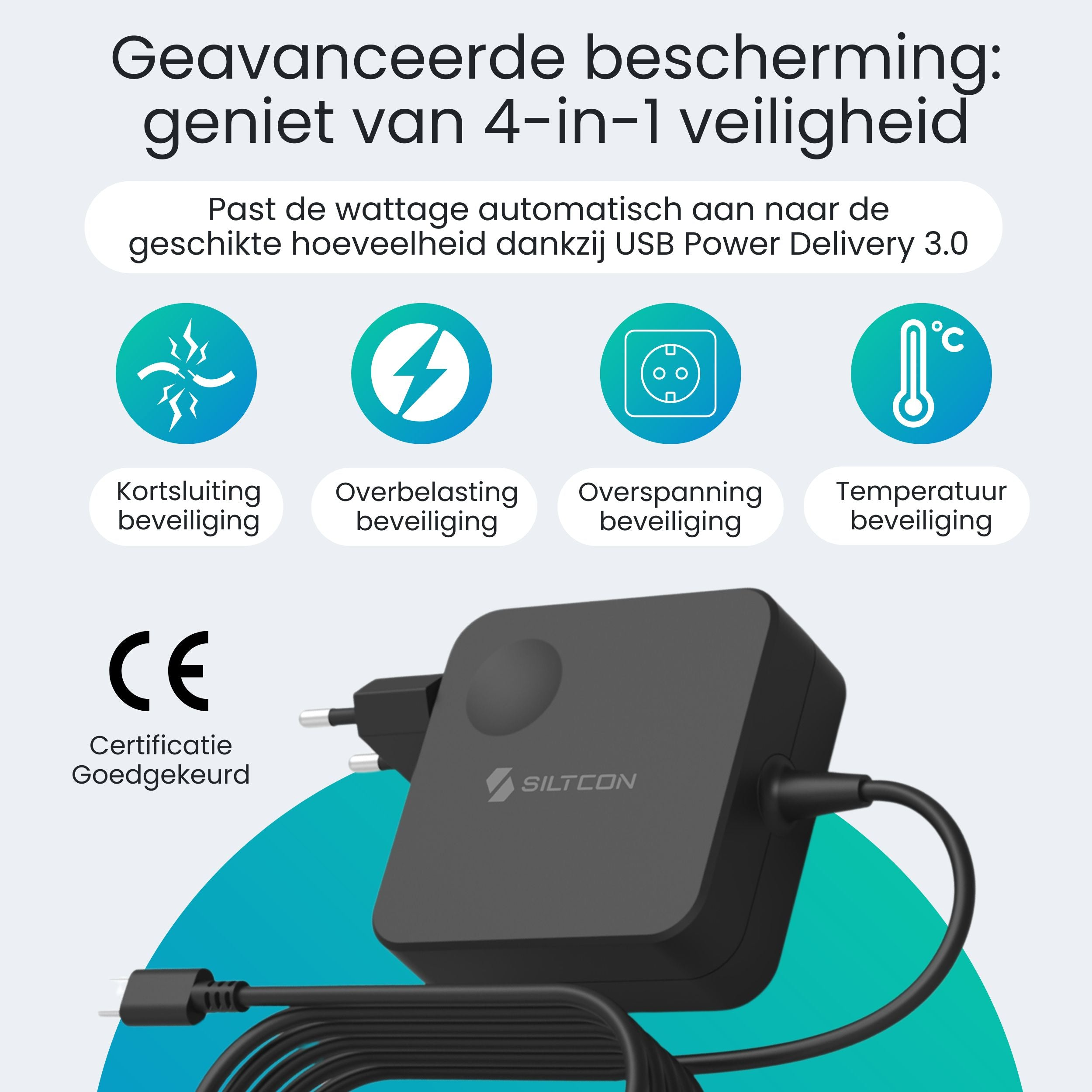 Een zwarte stroomadapter met USB-C-kabel en beschermingsiconen: kortsluiting, overbelasting, overspanning, temp.