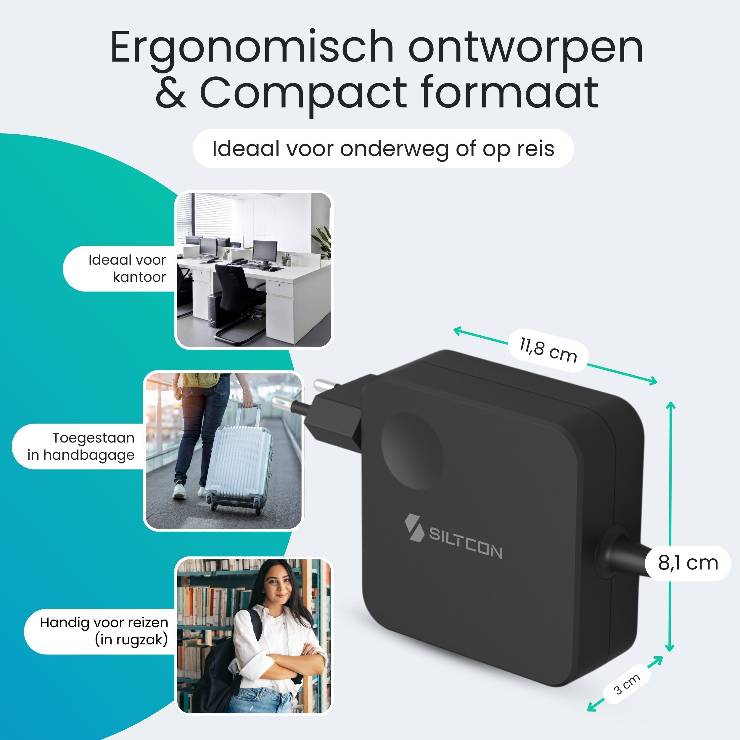 Zwarte stroomadapter met afmetingen, kantoor, bagage en student.