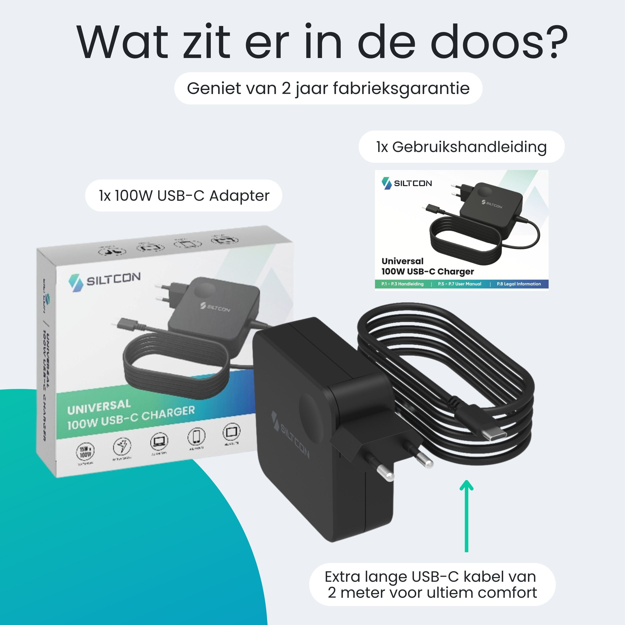 Een zwarte 100W USB-C adapter met kabel en doos.
