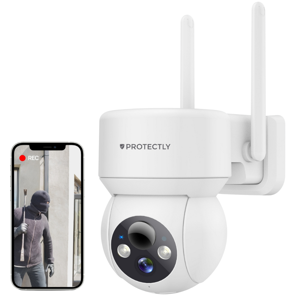 Witte beveiligingscamera met antennes en telefoonscherm met inbreker.