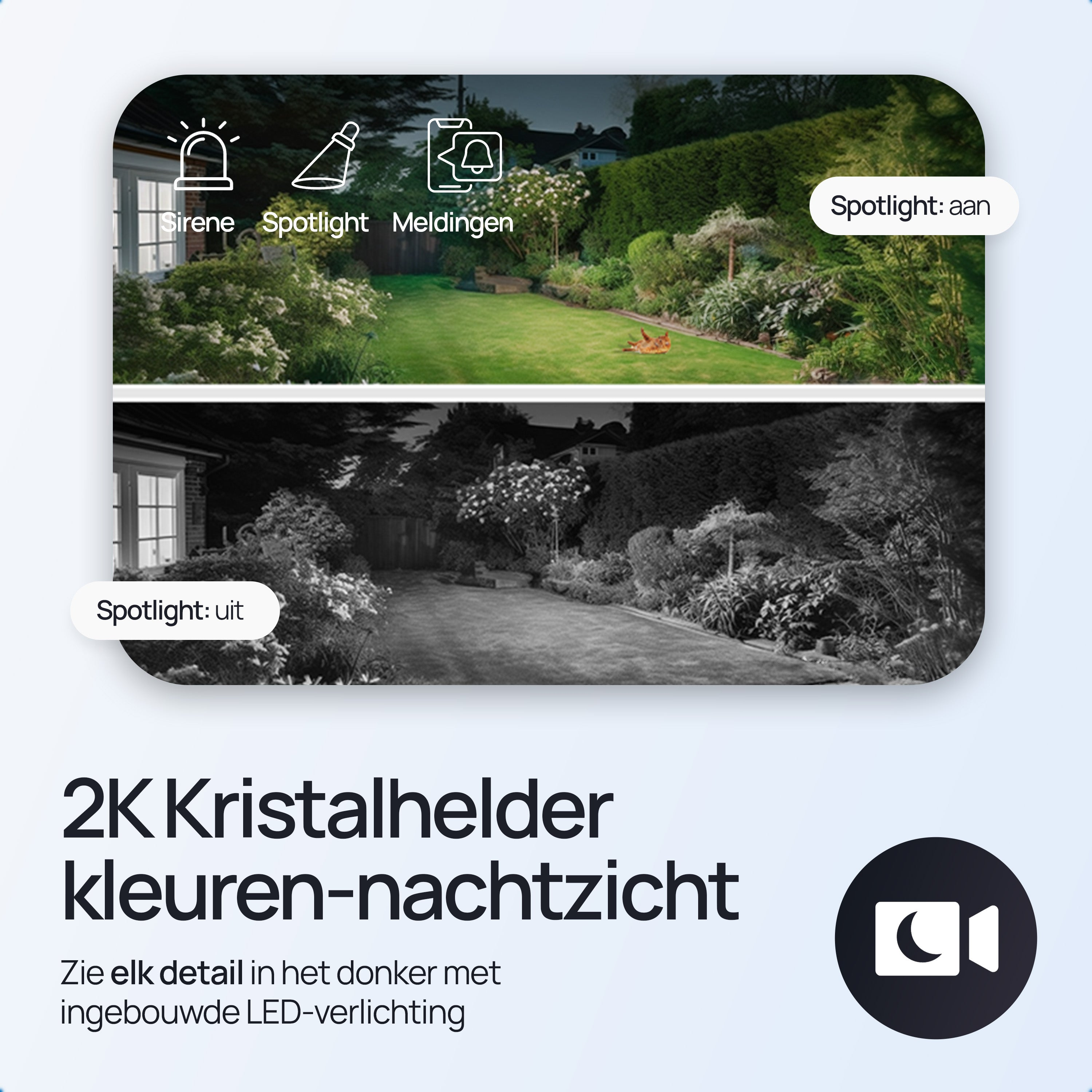 Dag- en nachtweergave van een tuin met iconen voor sirene, schijnwerper en meldingen.