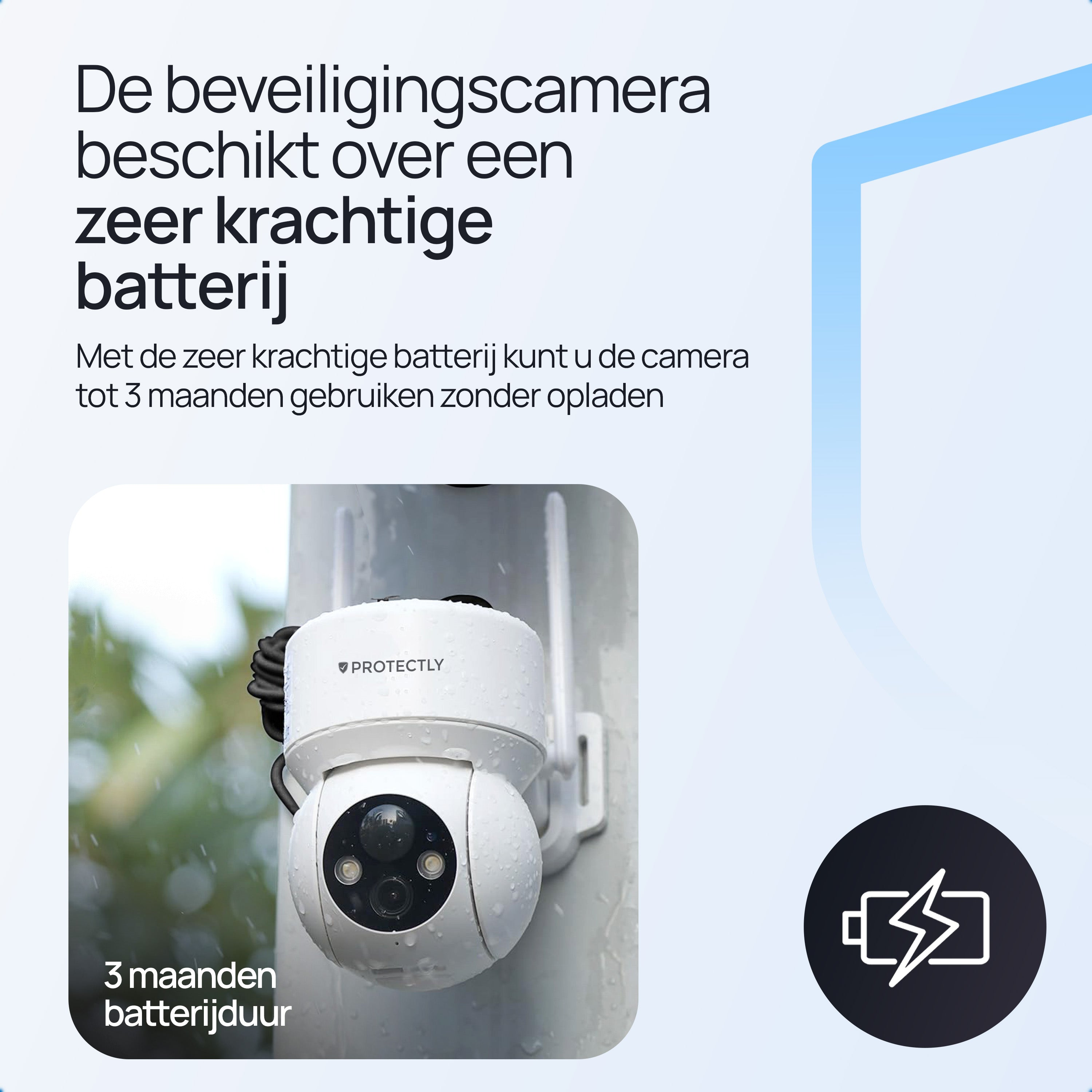 Witte beveiligingscamera met krachtige batterij, regen op lens, 3 maanden batterijduur.