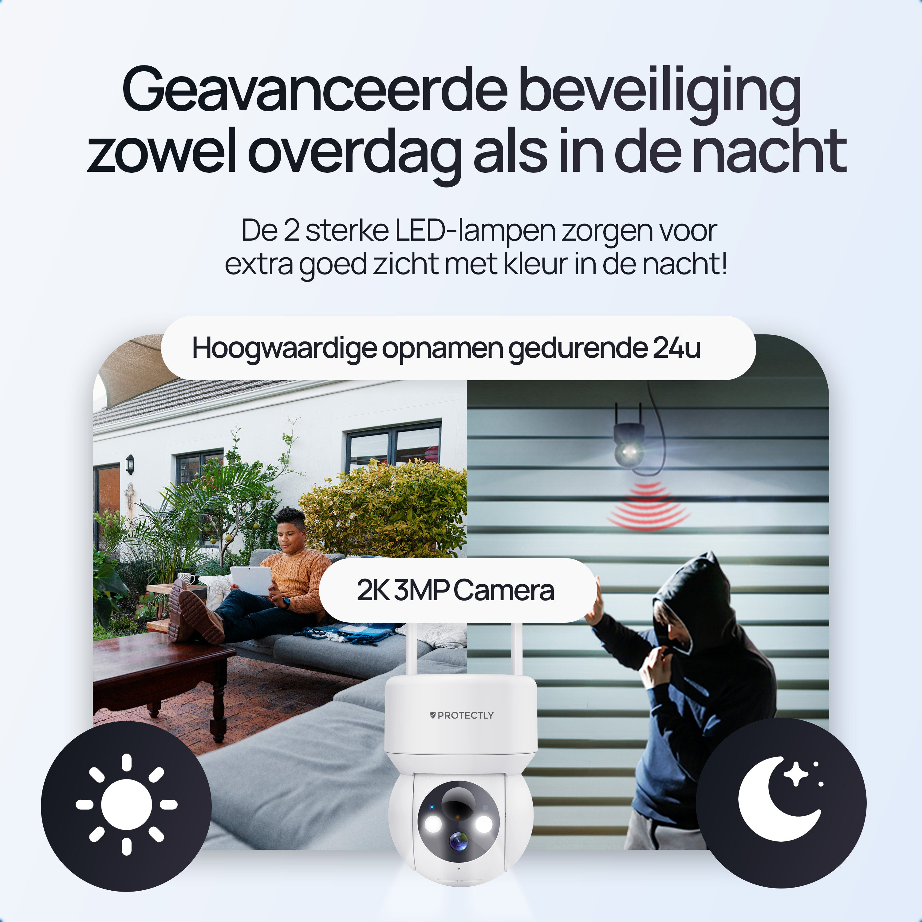 Een beveiligingscamera met dag- en nachtzicht, toont een man op tablet en een inbreker.