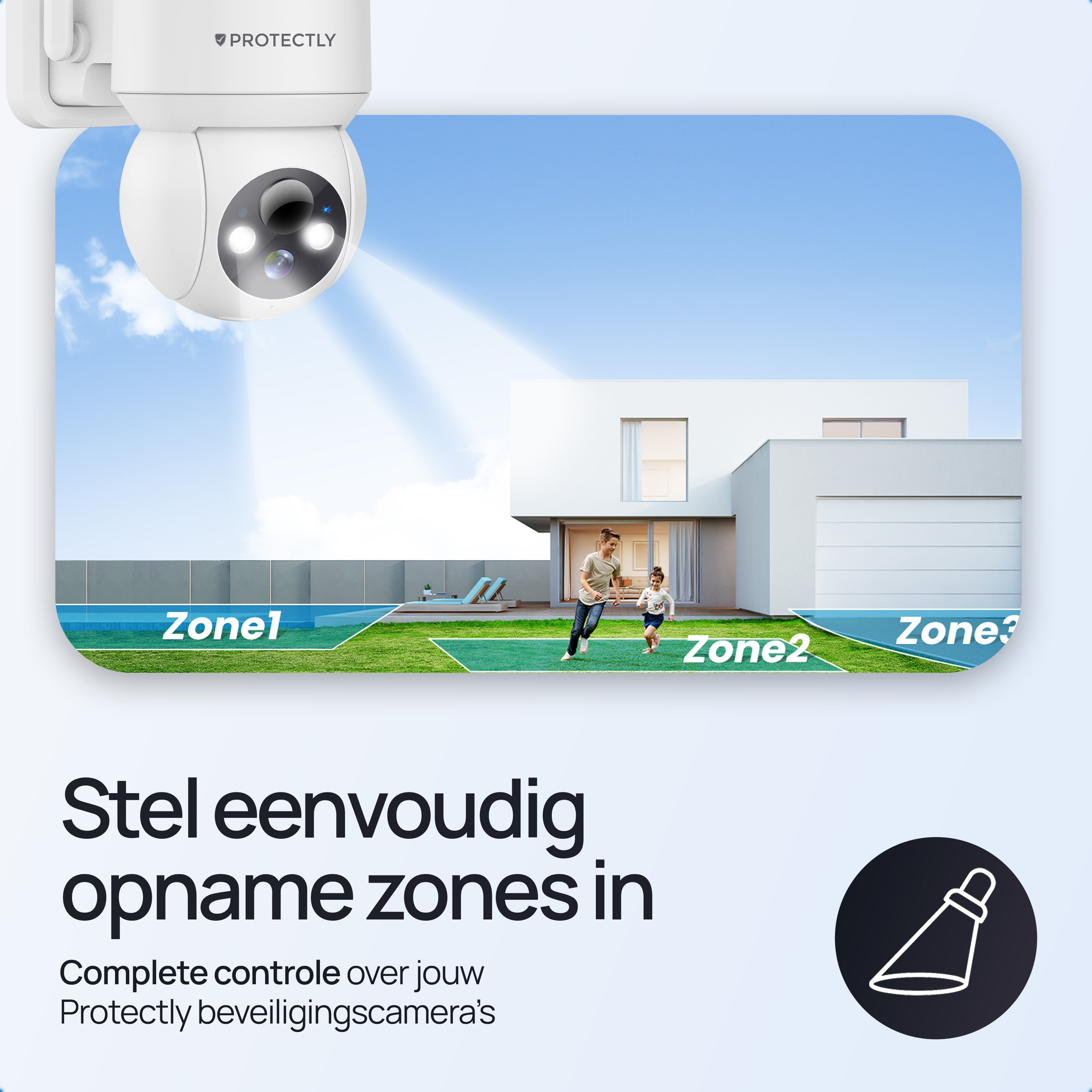 Een witte beveiligingscamera boven een huis met spelende kinderen in de tuin.