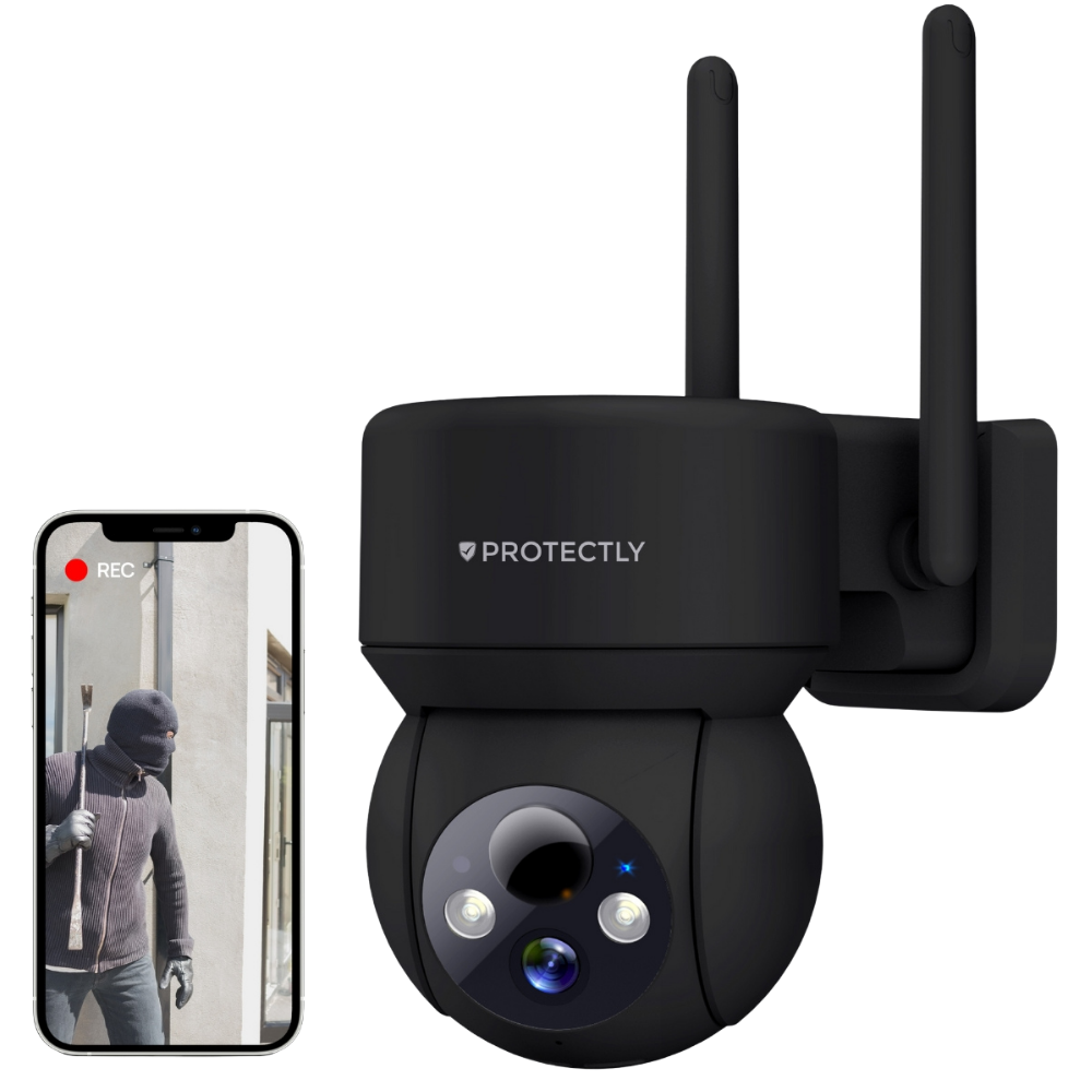 Zwarte beveiligingscamera met twee antennes naast smartphone met inbreker.