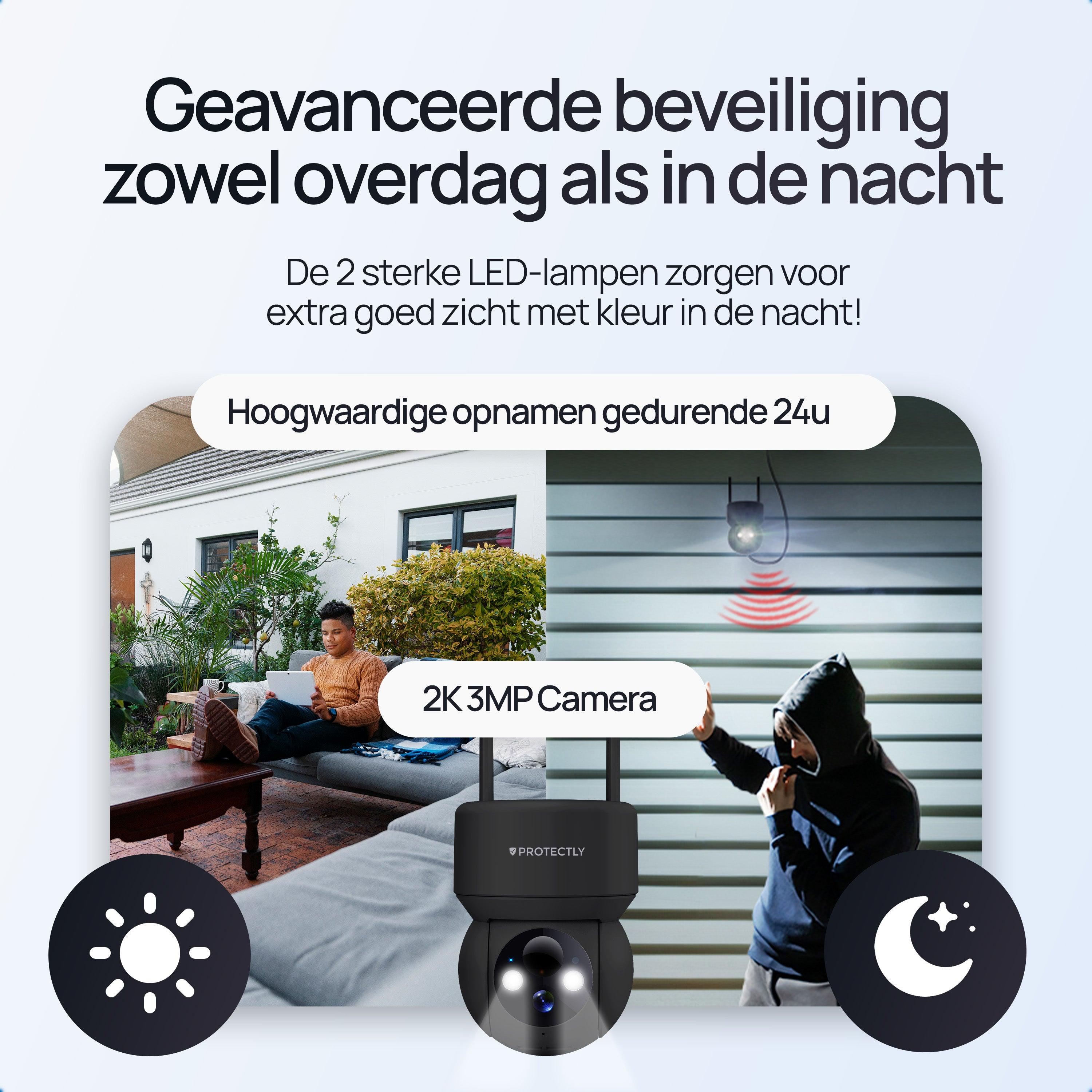 Beveiligingscamera met 2K 3MP en LED-verlichting voor dag en nacht.