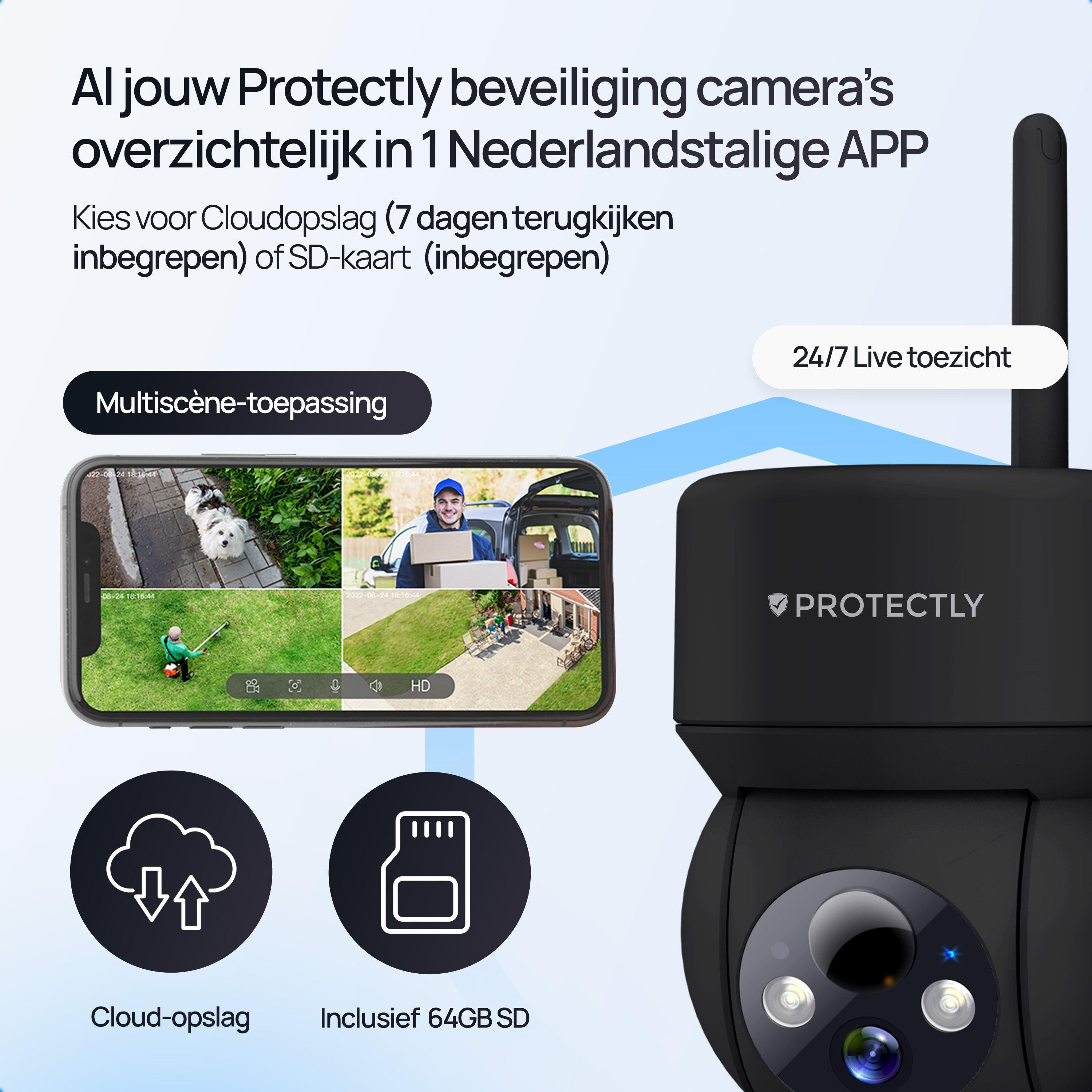 Een zwarte beveiligingscamera met app-weergave op een smartphone. Cloud- en SD-kaartopties.