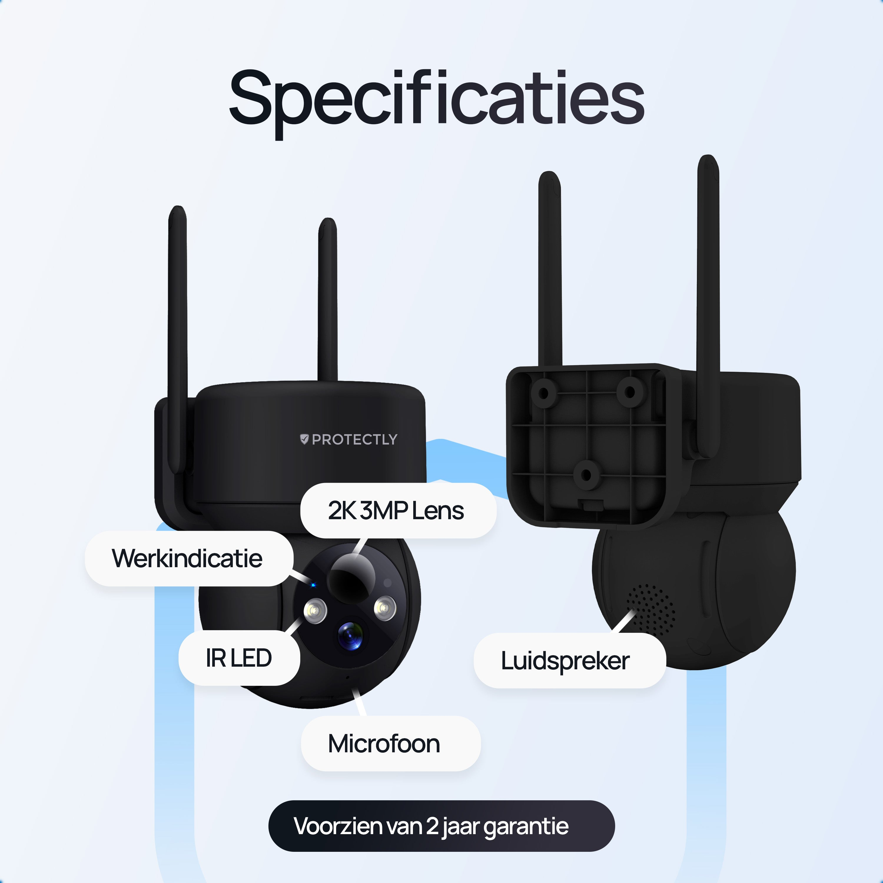 Zwarte beveiligingscamera met 2K 3MP lens, IR LED, microfoon, luidspreker.