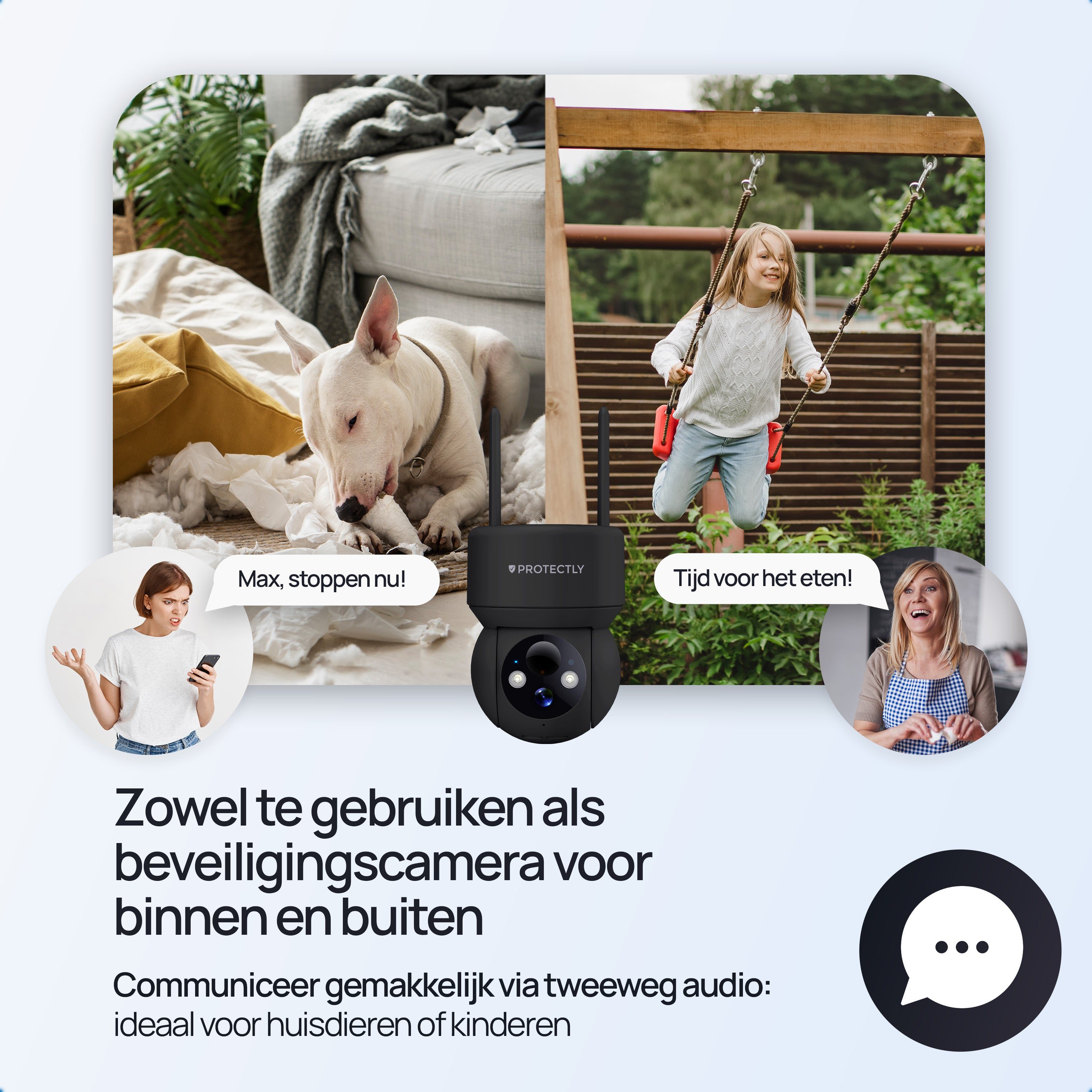Binnen/buiten beveiligingscamera met twee personen en een hond. Hond speelt binnen, kind schommelt buiten.