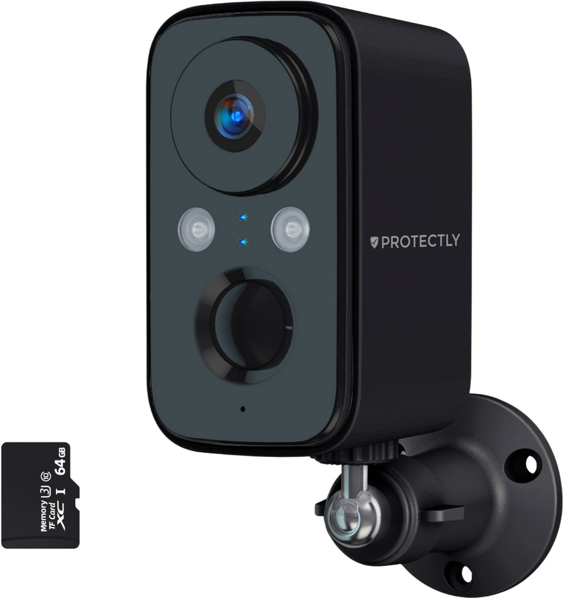 Een zwarte Protectly beveiligingscamera met lens, twee lampjes en microfoon. Een 64GB-geheugenkaart ernaast.