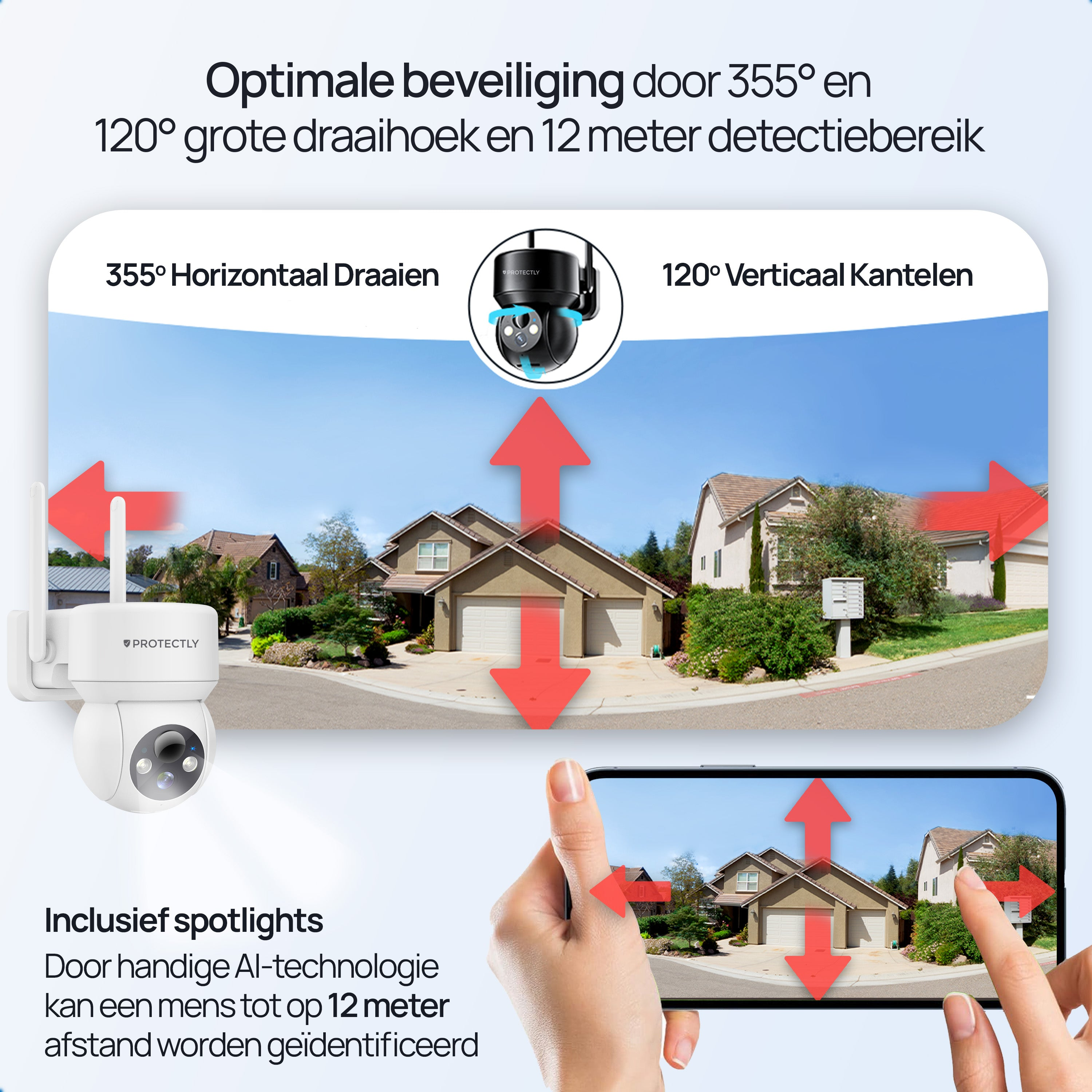 Beveiligingscamera met 355° draaihoek, 120° kantelhoek en 12m bereik.